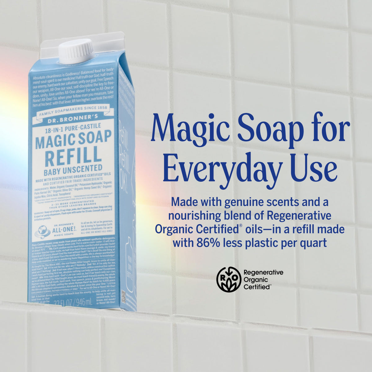 Dr. Bronner's Pure-Castile Liquid Soap Refill - Made with Regenerative Organic Certified Oils, 86% Less Plastic - 18-in-1 Uses, For Face, Body Wash Beauty & Personal Care Dr. Bronner's