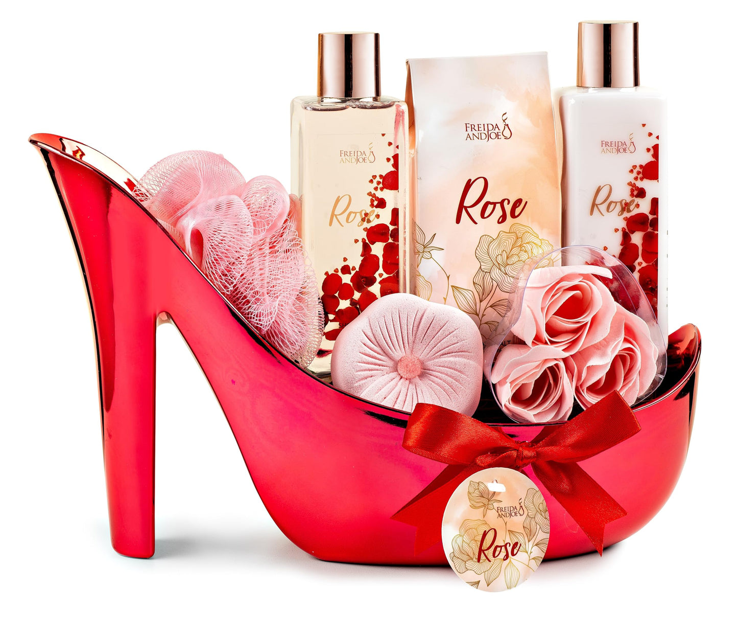Elegant Bath Set in High Heel Shoe - Luxurious Spa Gift Basket for Women, Includes Shower Gel, Body Lotion, Bath Salts, Soap Flowers, Bath Fizzer Beauty and Personal Care Freida and Joe