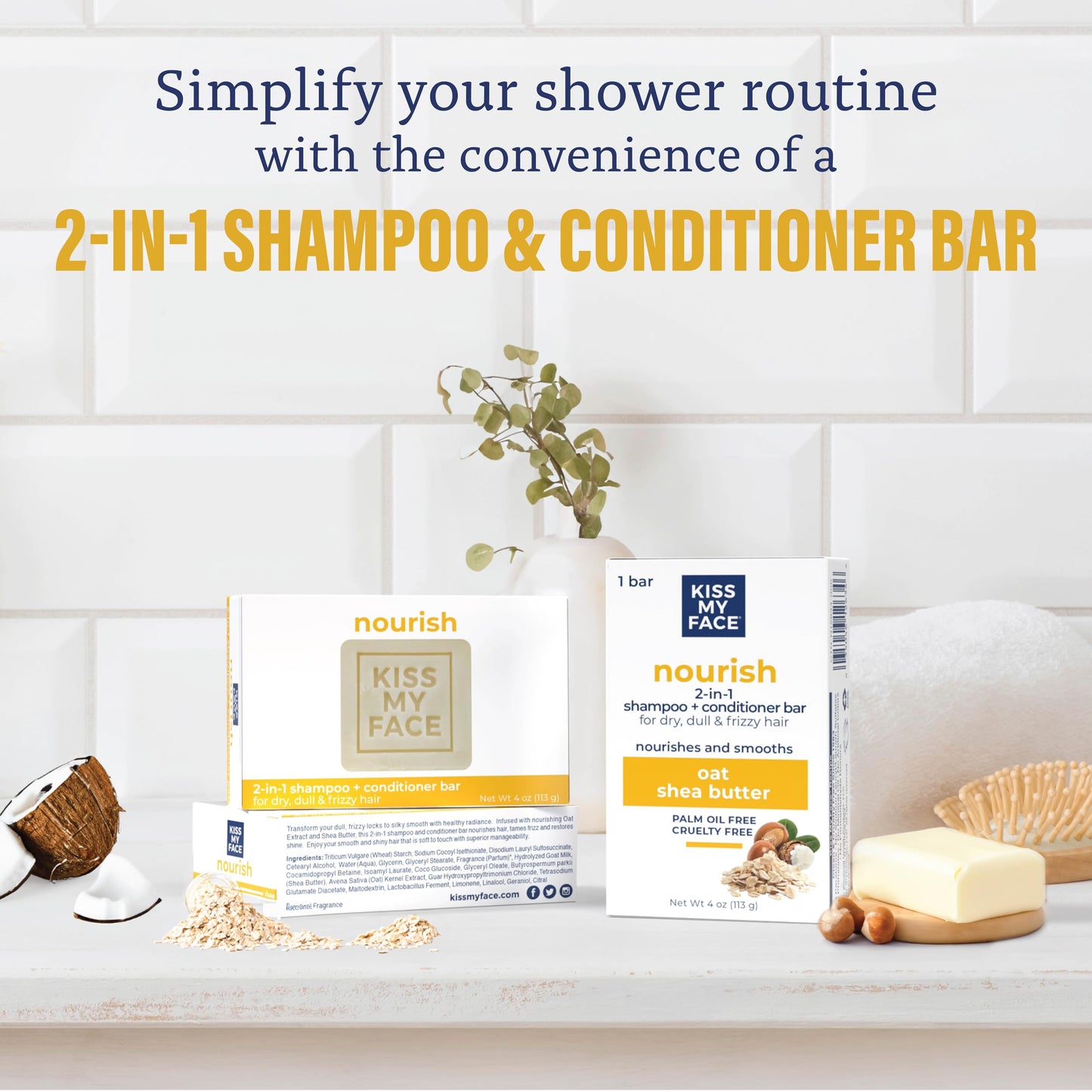 Kiss My Face Nourish 2-in-1 Shampoo and Conditioner Bar, With Oat and Shea Butter, Nourishes and Smooths, For Dry, Dull and Frizzy Hair, Cruelty Free Beauty & Personal Care Kiss My Face