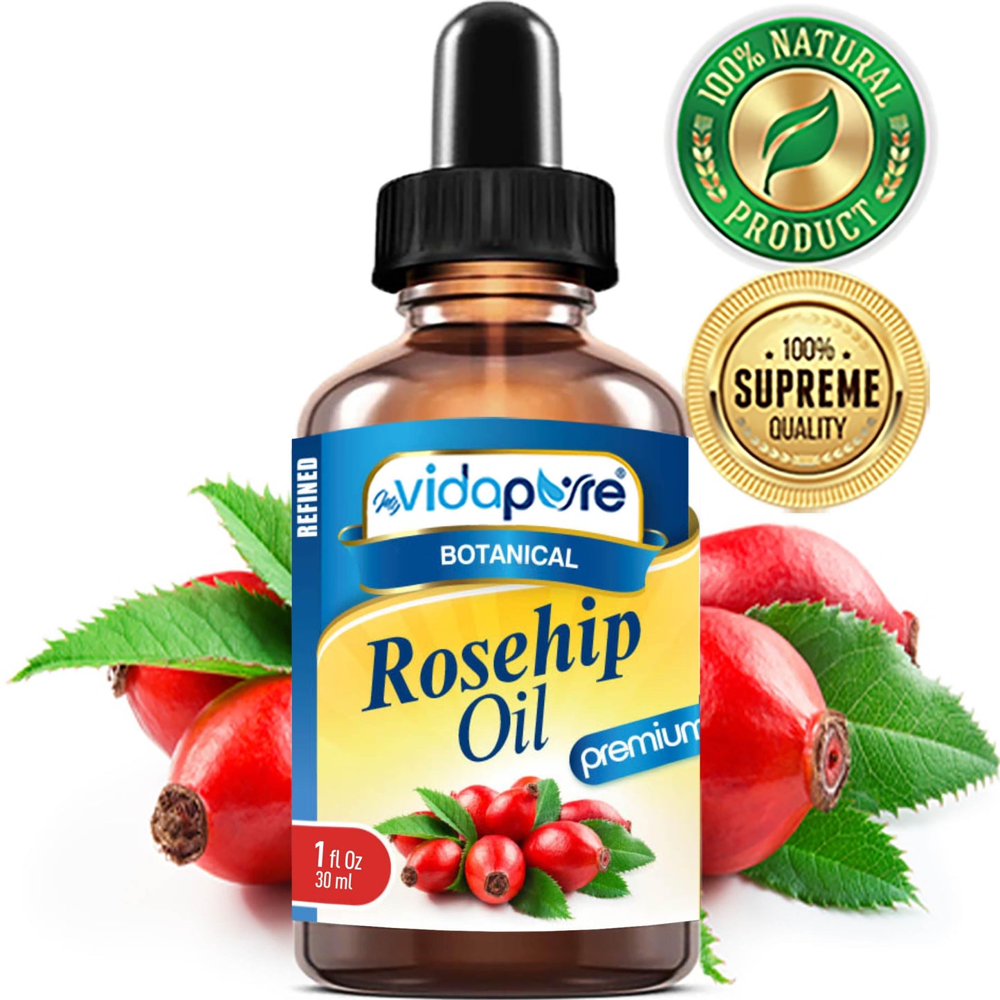 MYVIDAPURE Rosehip Oil Vitamin A, Vitamin C, Vitamen E for Wrinkles, Scars, Stretch Marks, Face, Body, Hair, Lip Care. (1 Fl Oz) Beauty & Personal Care MYVIDAPURE