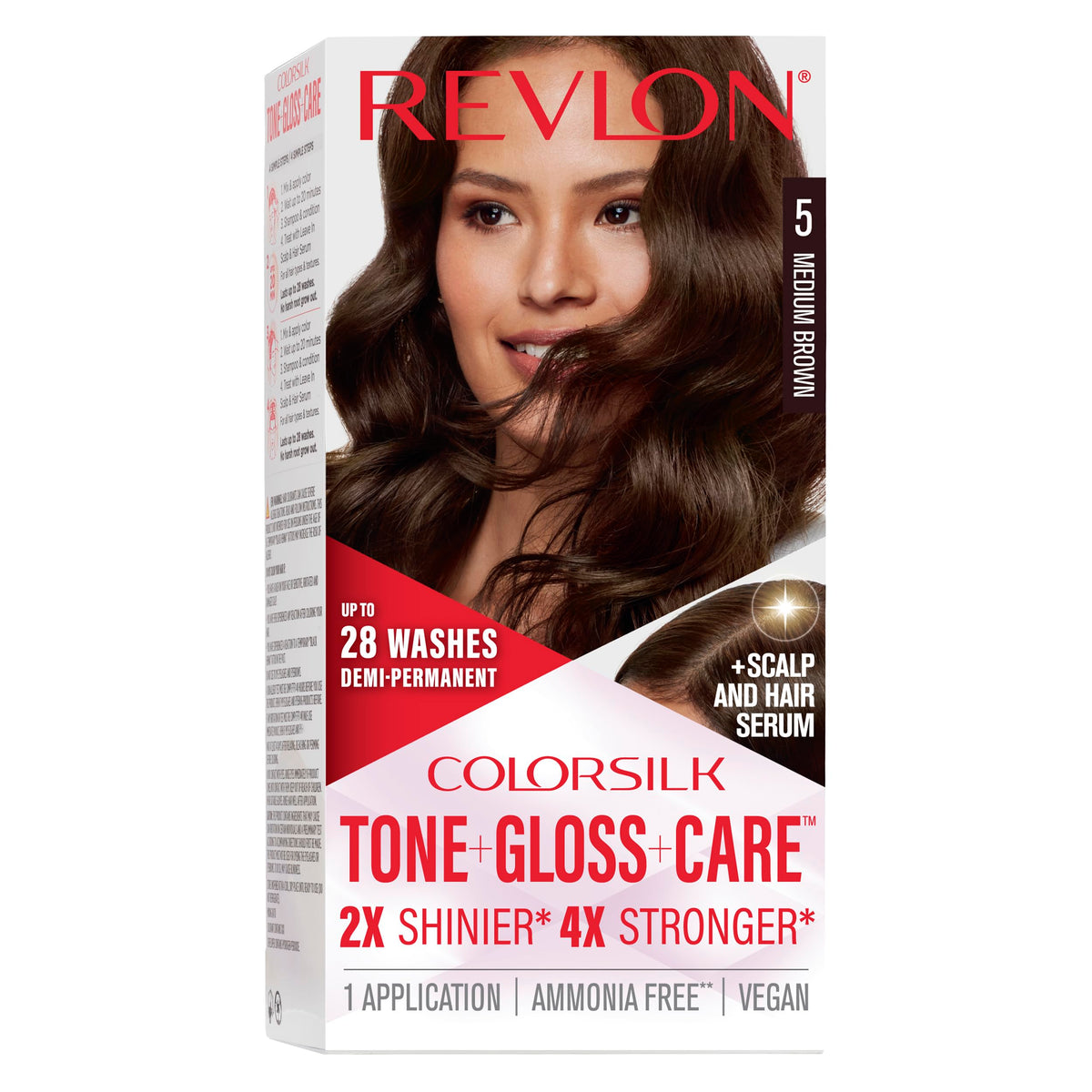 Revlon ColorSilk Tone + Gloss + Care Demi Permanent Hair Color, Dye Kit with Leave-In Scalp and Haircare Serum, 2x Shinier, 4x Stronger, 5 Medium Beauty & Personal Care REVLON