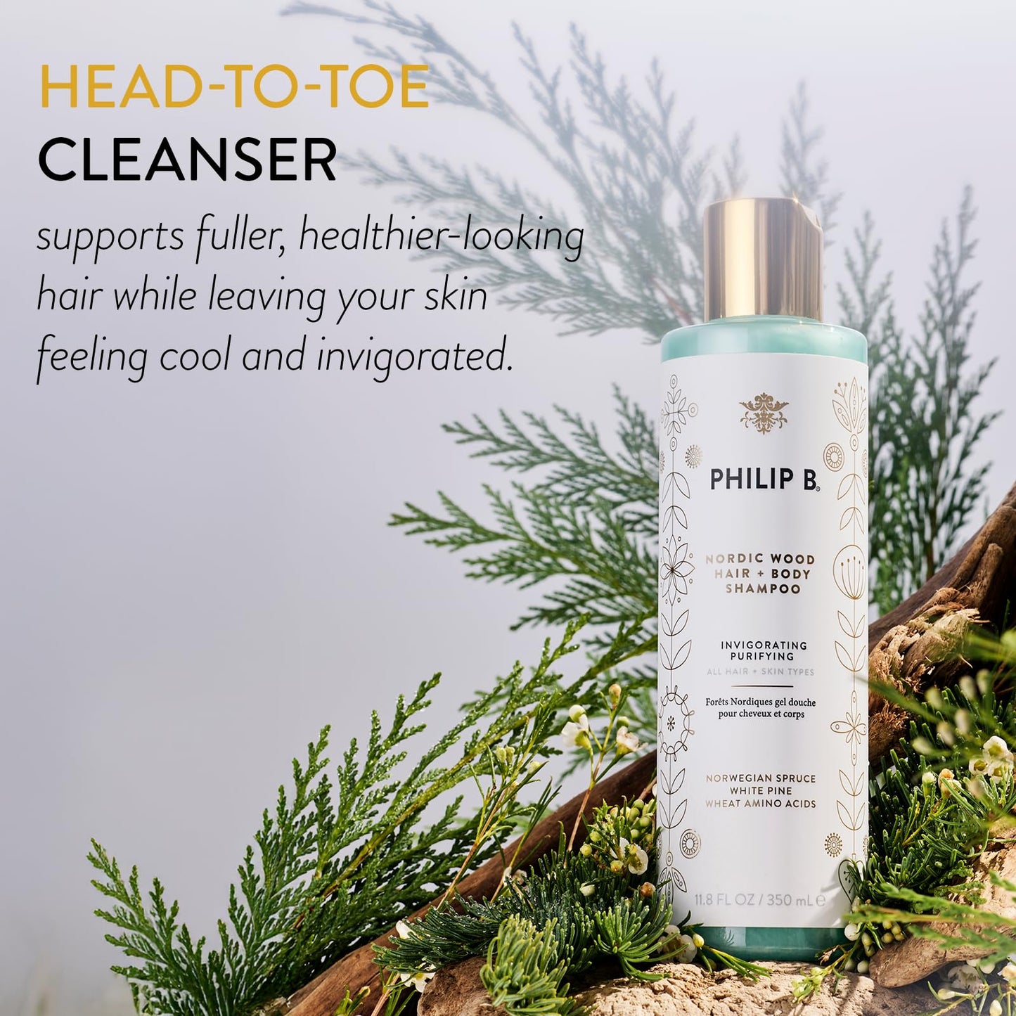 PHILIP B Nordic Wood Hair + Body Shampoo, 11.8 fl. oz. (350 ml) - Lathers Up Luxuriously, Conditions While Leaving You Feeling Cool& Invigorated, Beauty & Personal Care PHILIP B