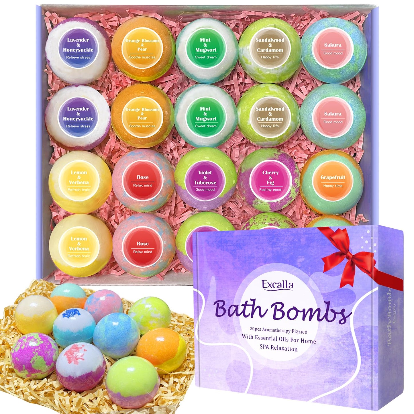 Bath Bombs for Women, 20 Pcs Handmade Bubble Bathbombs Gift Set, Shea & Coco Butter Dry Skin Moisturize, SPA Relaxing Gifts for Women & Men, Her Beauty and Personal Care Excalla
