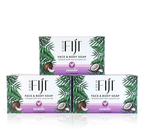 "Coco Fiji Soap Bar for Face and Body Infused With Organic Coconut Oil, Lavender Essential Oil, Natural Soap for Moisturizing & Pore Purifying Skin, 7 Beauty & Personal Care Organic Fiji
