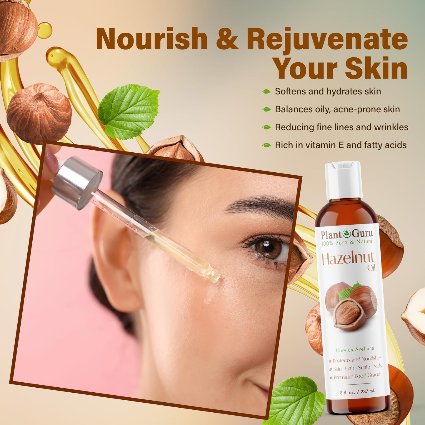Plant Guru Hazelnut Oil 16 fl. oz. Cold Pressed 100% Pure Natural Carrier - Skin, Face, Body And Hair Growth Moisturizer. Great For DYI Cream, Lotions Beauty & Personal Care Plant Guru