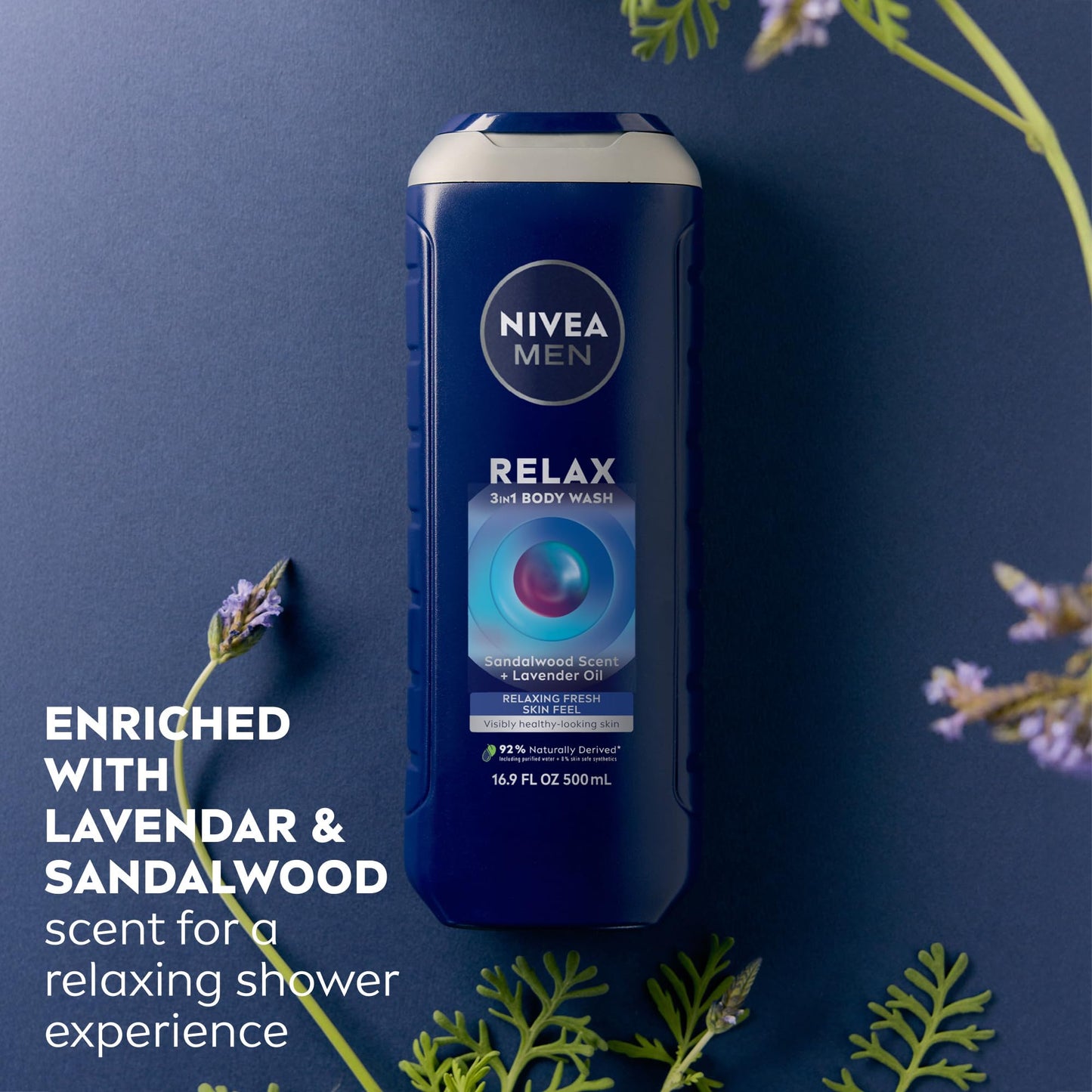 NIVEA MEN Relax Body Wash, Lavender and Sandalwood Scent, 3-in-1 Men's Body Wash, Face and Hair, Paraben Free, Vegan Formula, pH-Skin Friendly, 16.9 Beauty & Personal Care NIVEA MEN