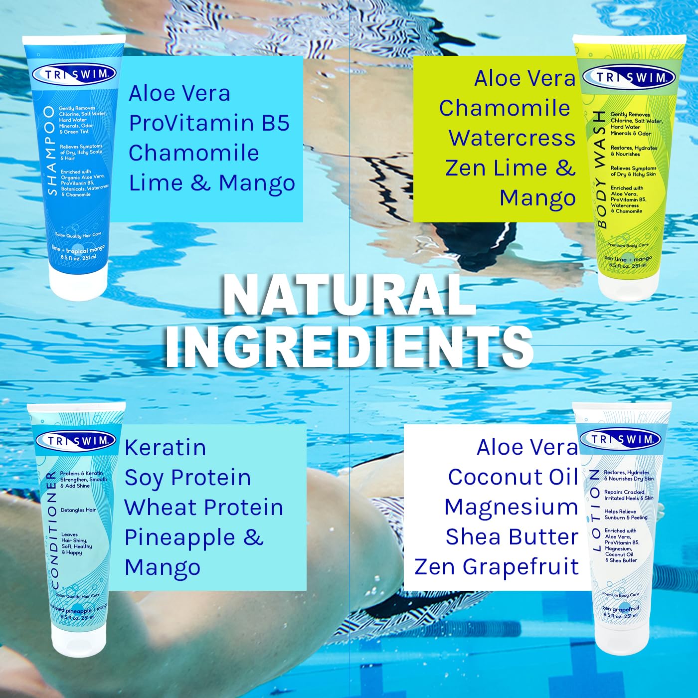 TRISWIM Pack of 4 Swim Care Set | Chlorine Removal Shampoo, Conditioner, Body Wash & Lotion, 8.5 fl oz Each | Removes Chlorine from Hair & Skin | Beauty & Personal Care TRISWIM