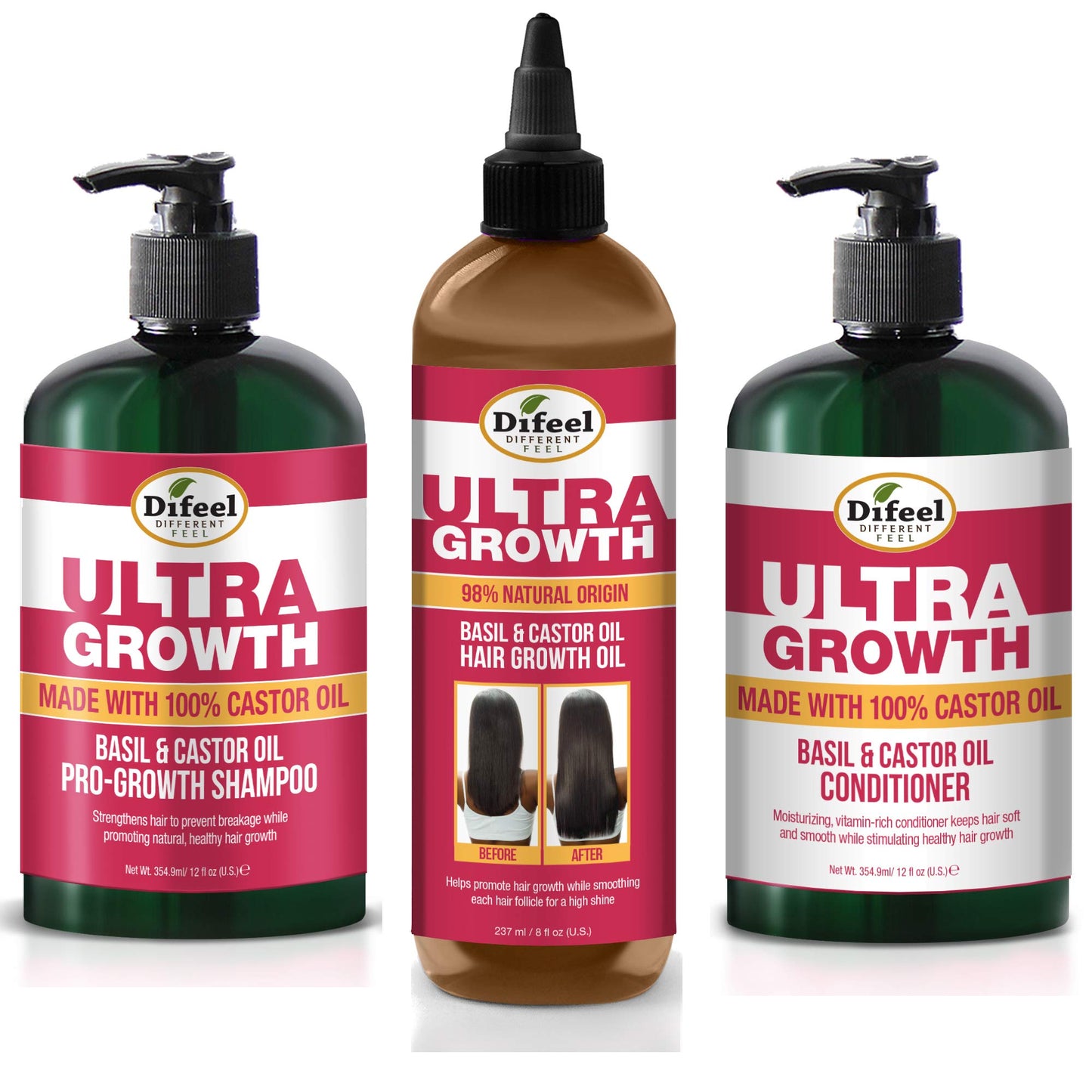 Difeel Ultra Growth 3-PC Set: Shampoo 12 oz, Conditioner 12 oz & Hair Oil 8 oz Beauty & Personal Care Difeel