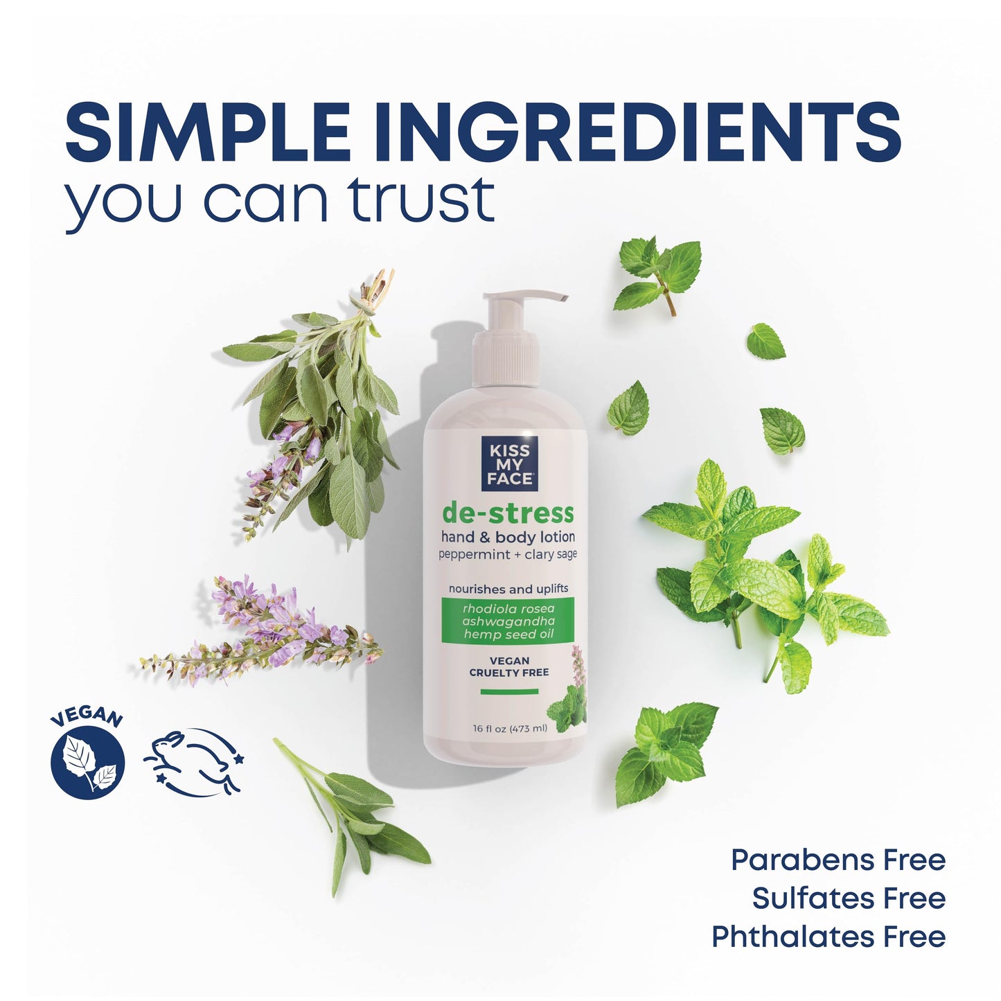Kiss My Face De-Stress Hand & Body Lotion - Peppermint + Clary Sage - Soothing Rhodiola Rosea - With Hemp Seed Oil & Ashwagandha - Vegan Beauty & Personal Care Kiss My Face