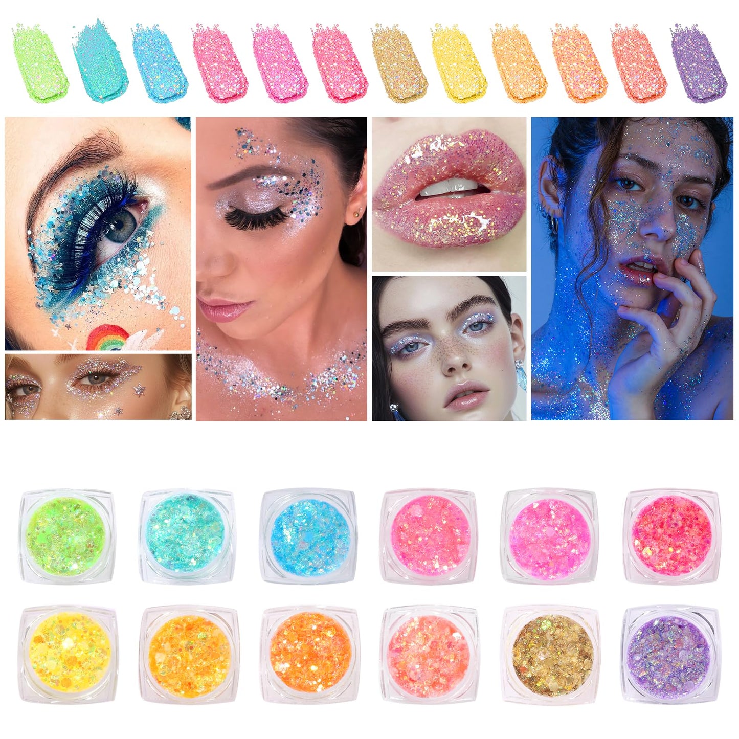 Glow in the Dark Face & Body Glitter Gel - 12 Colors Chunky Holographic Glitter for Hair, Body, Festival, Party, Rave Makeup, Washable Cosmetic Beauty & Personal Care Ultikare