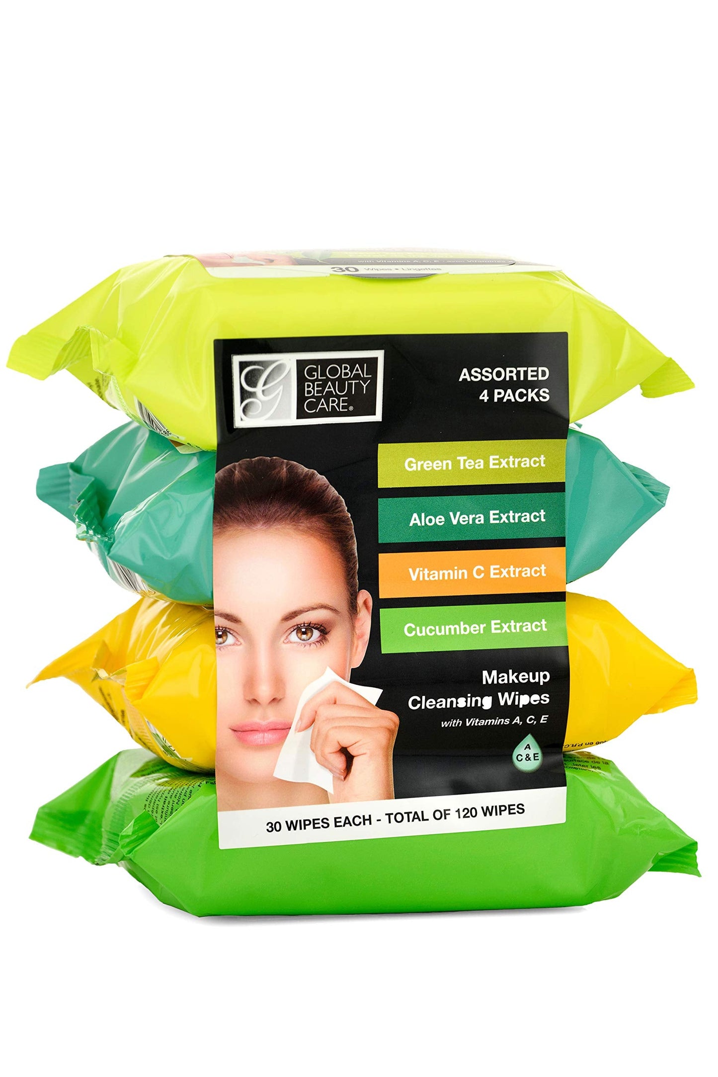 Global Beauty Care Assorted Makeup Remover Wipes Variety Pack - Green Tea, Aloe Vera, Vitamin C & Cucumber Extract Facial Cloths, Removes Waterproof Beauty & Personal Care Global Beauty Care