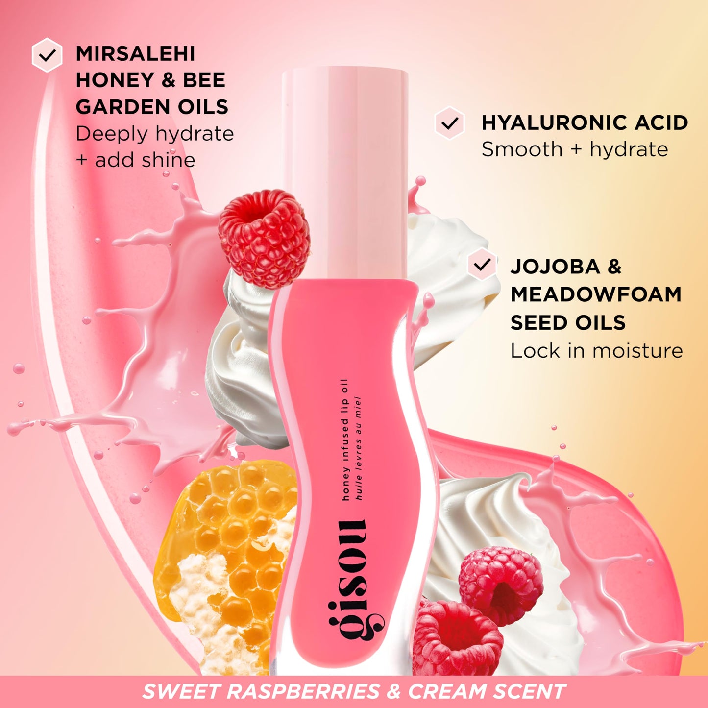Gisou Honey Infused Lip Oil - Hydrating & Glossy Lip Oil with Mirsalehi Honey & Jojoba Seed Oil, Non-Sticky Shine, Raspberry Swirl, 0.27 fl oz Beauty and Personal Care Gisou