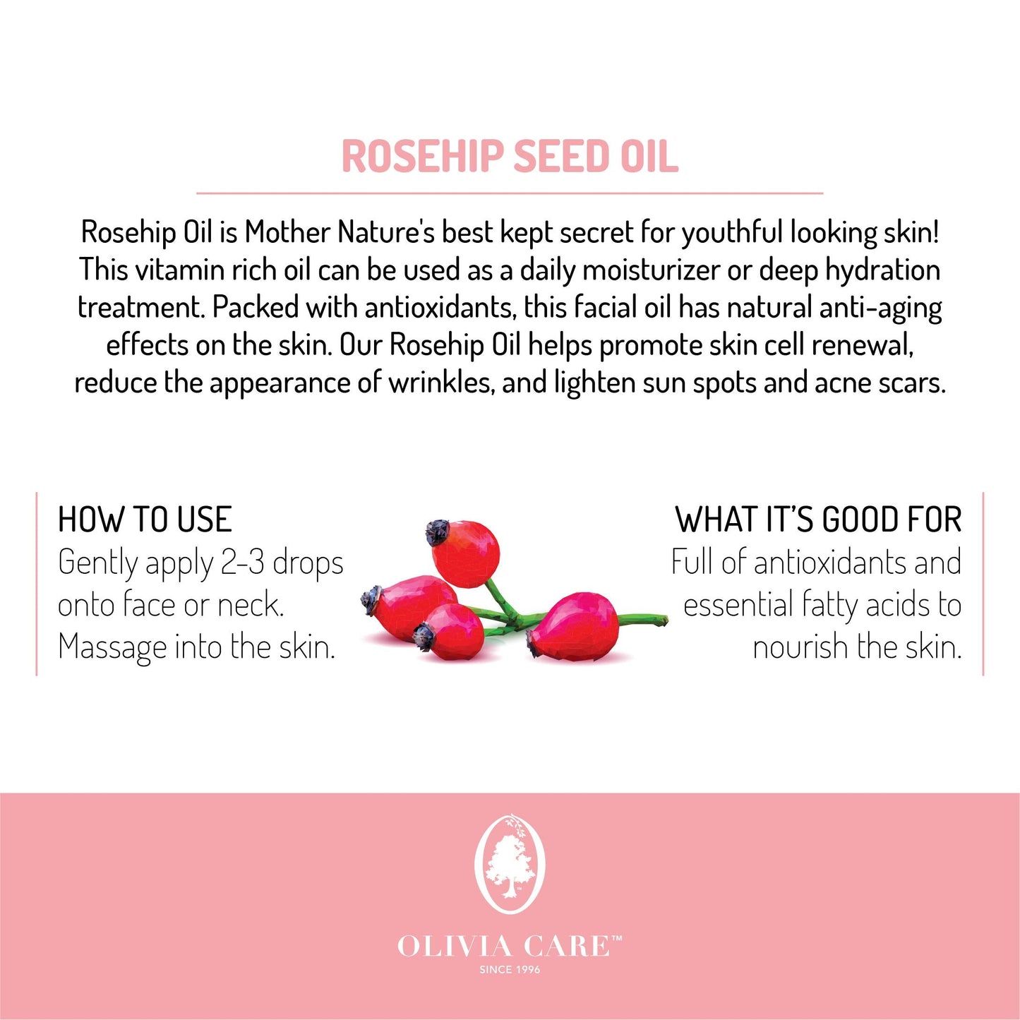 Rosehip Seed Oil Serum By Olivia Care Natural Moisturizer for Face, Body & Skin with Vitamins E, C, A & Omega 6, Perfect for Treating Wrinkles, Acne Beauty & Personal Care Olivia Care