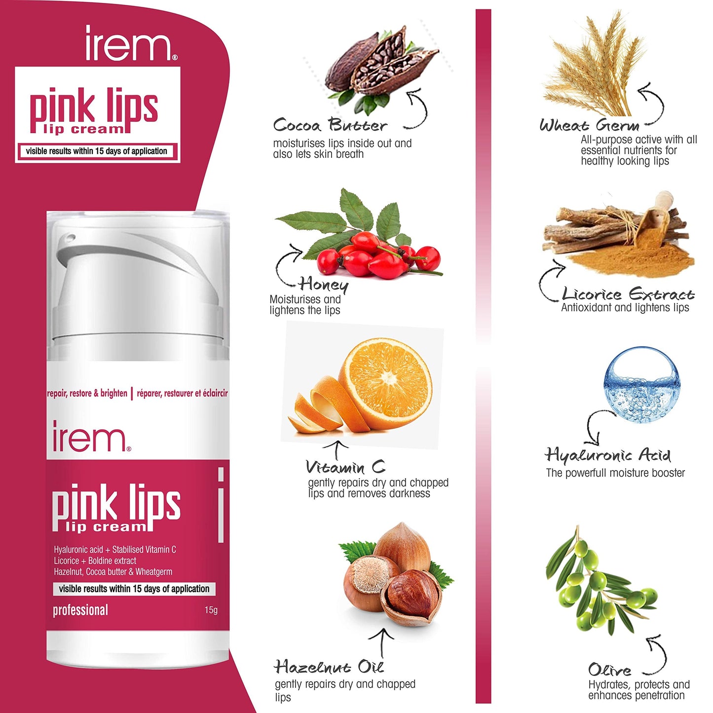 Irem Pink Lips - Lip cream Repair restore and brighten lips. With Vitamin C, Hyaluronic and Licorice 15g Beauty and Personal Care Irem