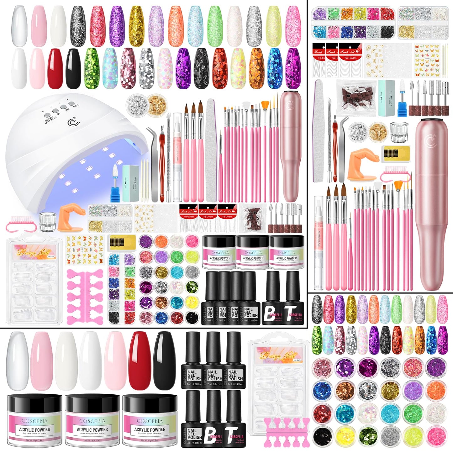COSCELIA Acrylic Nail Kit for Beginners with Everything 4PC Gel Polish 3PC Acrylic Powder with Drill and U V Light 24 Colors Glitter Powder Complete Beauty and Personal Care COSCELIA Default Title