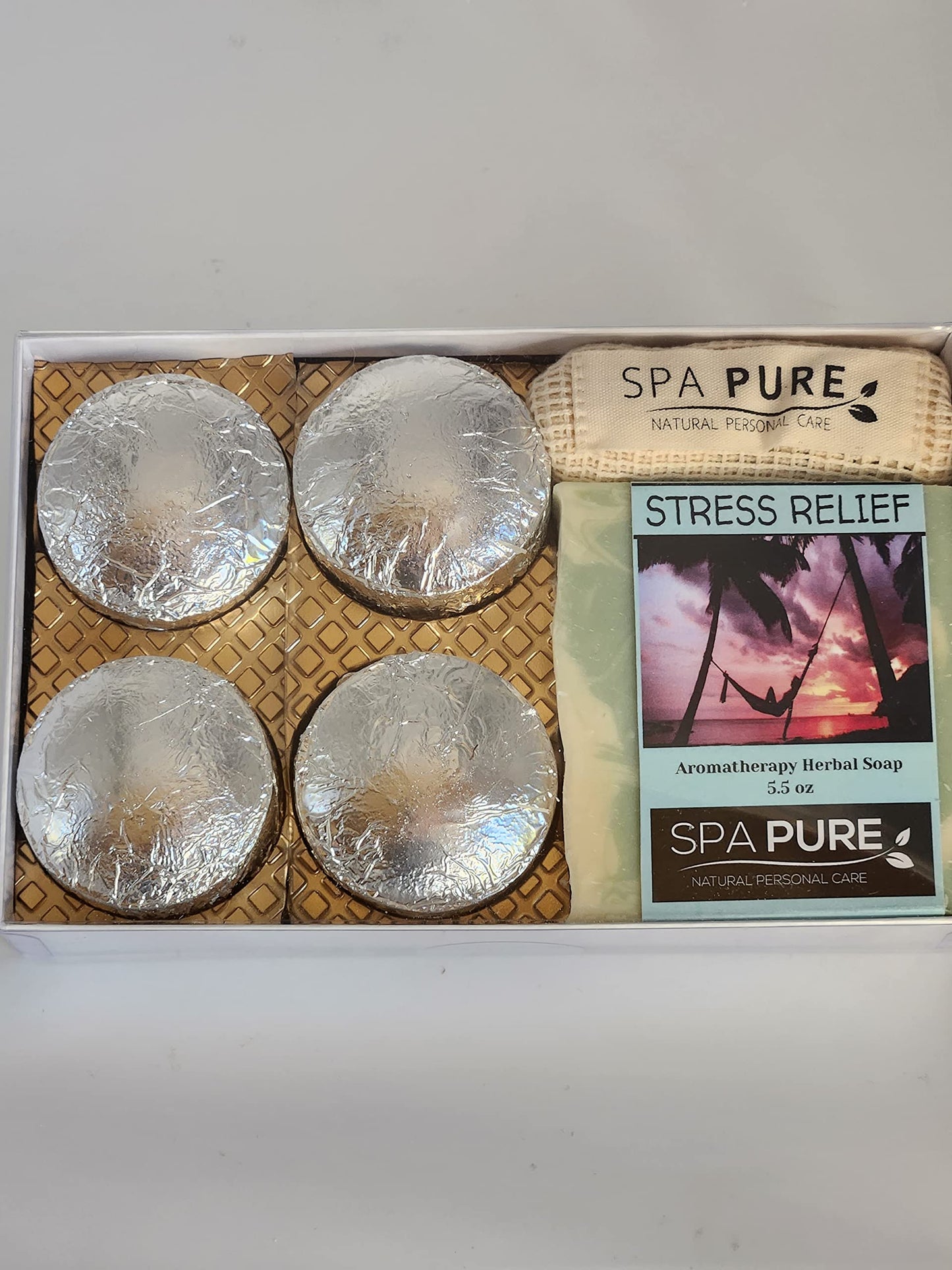 Spa Pure Aromatherapy Gift Set - Stress Relief Artisan Soap & 4 Shower Steamers - Made with Plant Based Ingredients - Cotton Shower Bag & Soap Bag Beauty and Personal Care Spa Pure