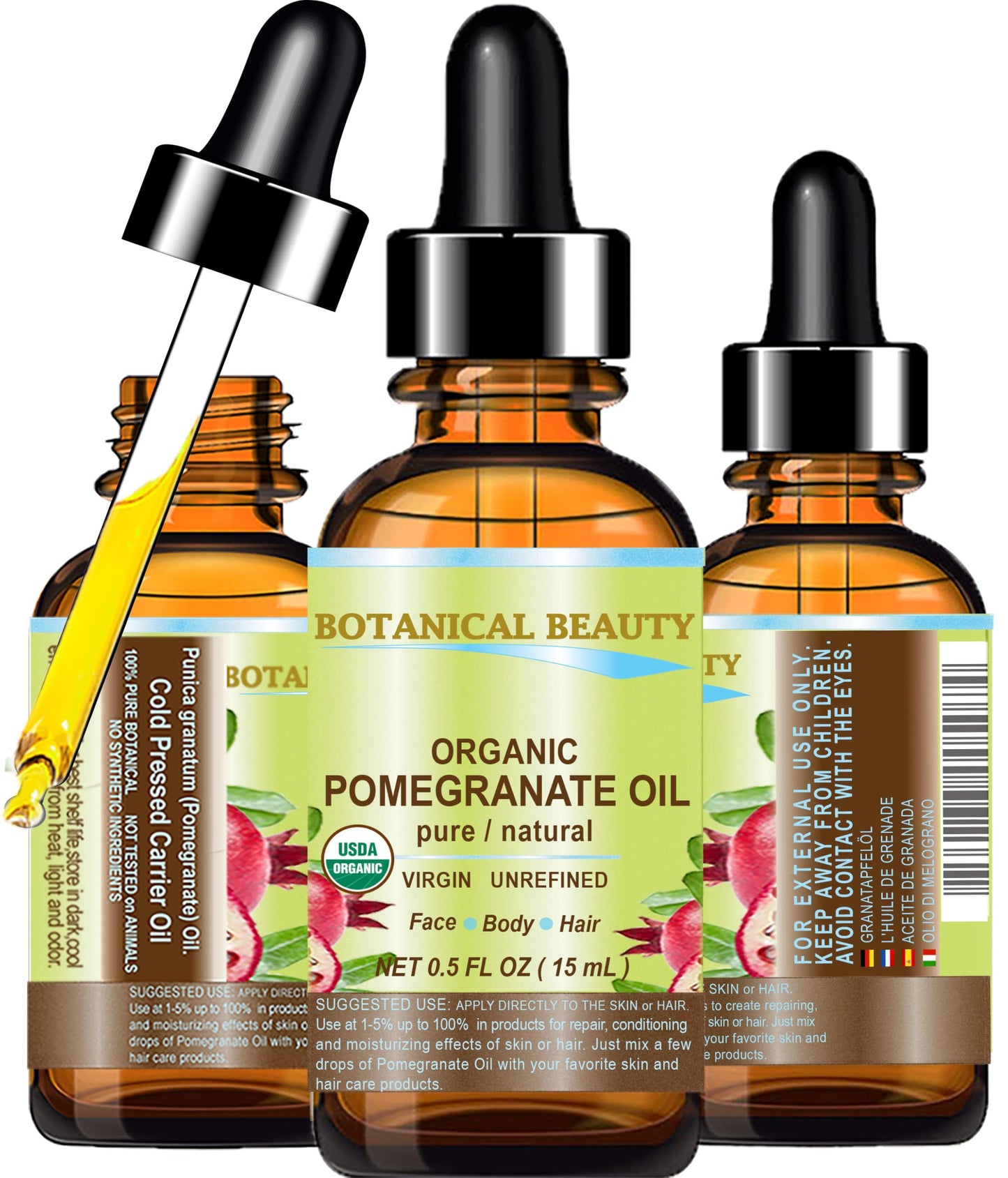 Botanical Beauty Organic POMEGRANATE OIL 100% Pure Natural Virgin Unrefined Cold-Pressed Carrier Oil 0.5 Fl oz 15 ml for Face, Skin, Body, Hair, Lip Beauty & Personal Care Botanical Beauty