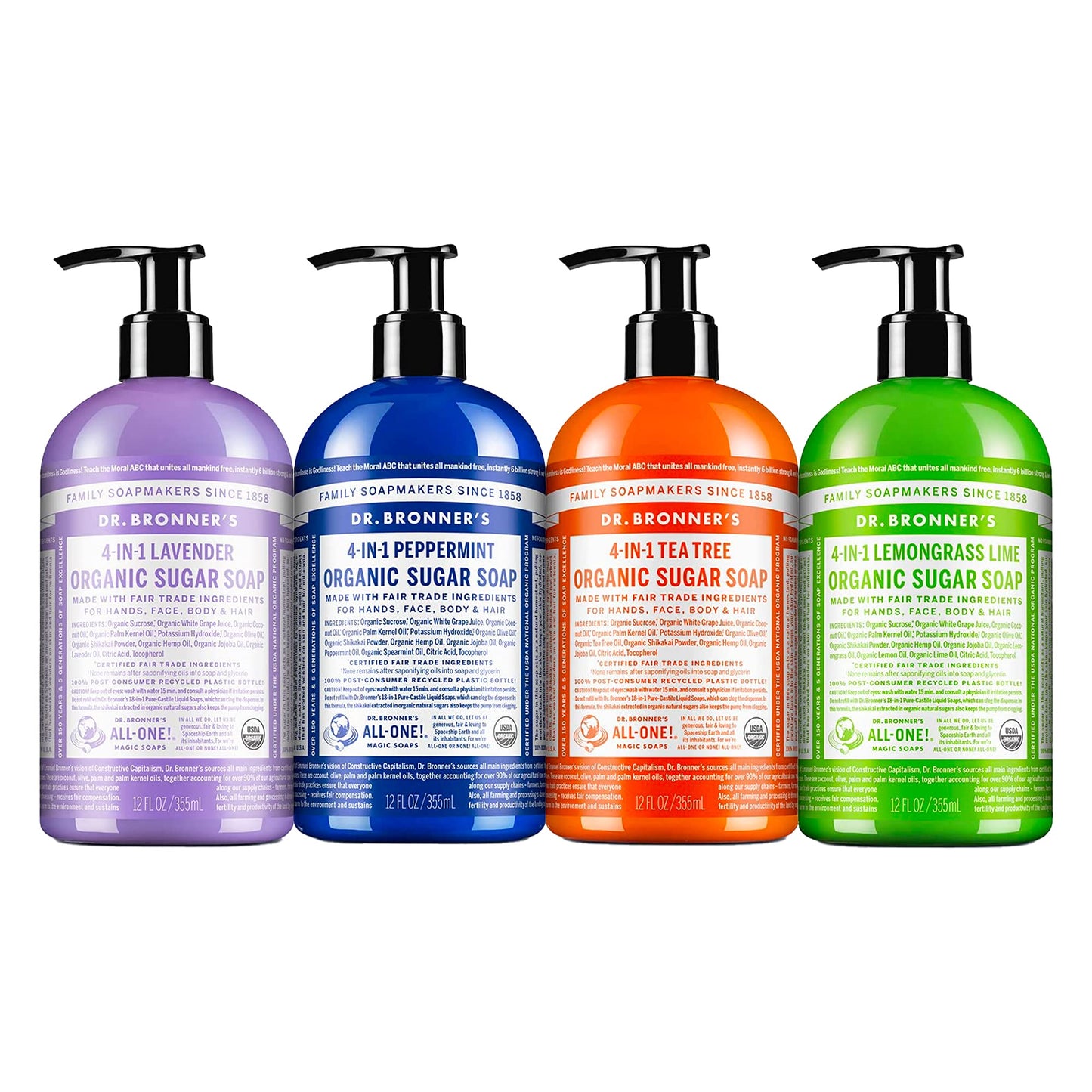 Dr. Bronner's - Organic Sugar Soap (12 oz Variety Pack) Lavender, Peppermint, Tea Tree, & Lemongrass - Made with Organic Oils, Sugar & Shikakai Beauty & Personal Care Dr. Bronner's