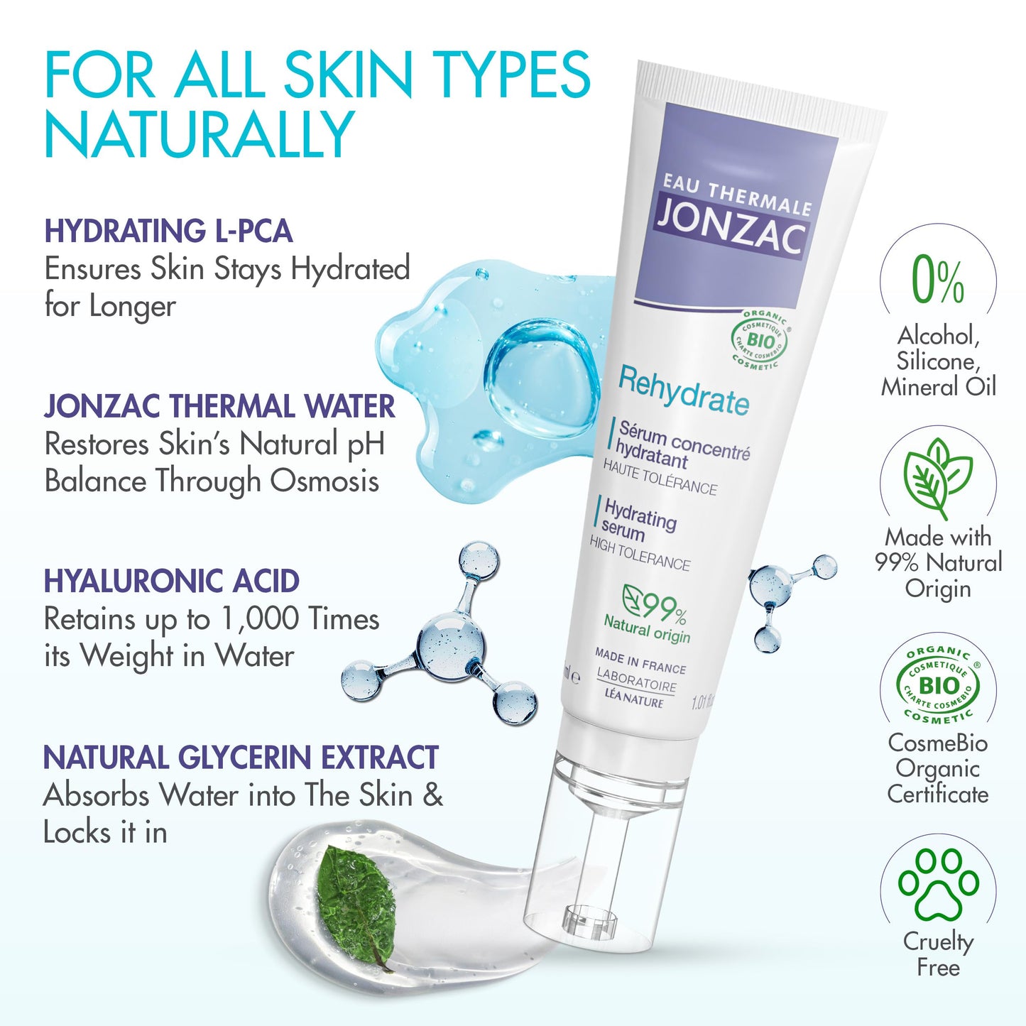 Eau Thermale Jonzac Rehydrate Organic Pure Hyaluronic Acid Hydrating Serum for Face - 24H Hydration - Plump and Repair Dehydrated Skin - Safe Beauty & Personal Care JONZAC