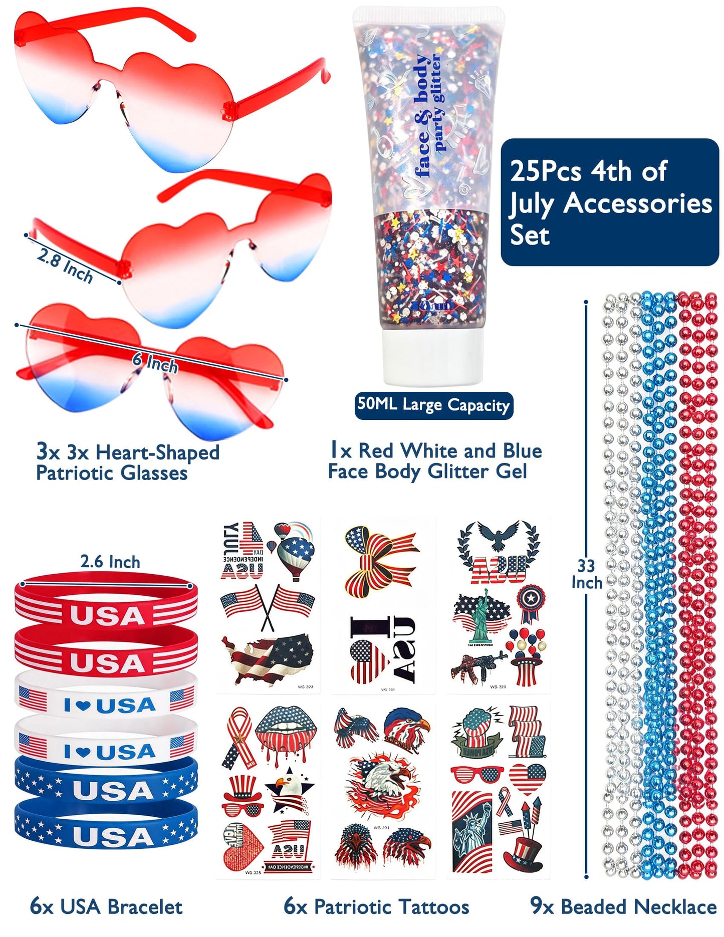 4th of July Accessories Set, 25Pcs Patriotic Outfit Kit with Star Glasses, Beaded Necklaces, Bracelets, Red White Blue Face Glitter Gel, Temporary Beauty & Personal Care QVAIVE