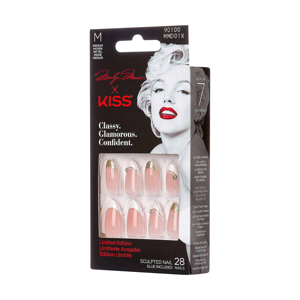 Marilyn Monroe x KISS Limited Edition Glue-On Nails, 28 Fake Nails, Gel Nail Glue Net Wt. 2g (0.07 Oz.), Mini Nail File, Wooden Manicure Stick