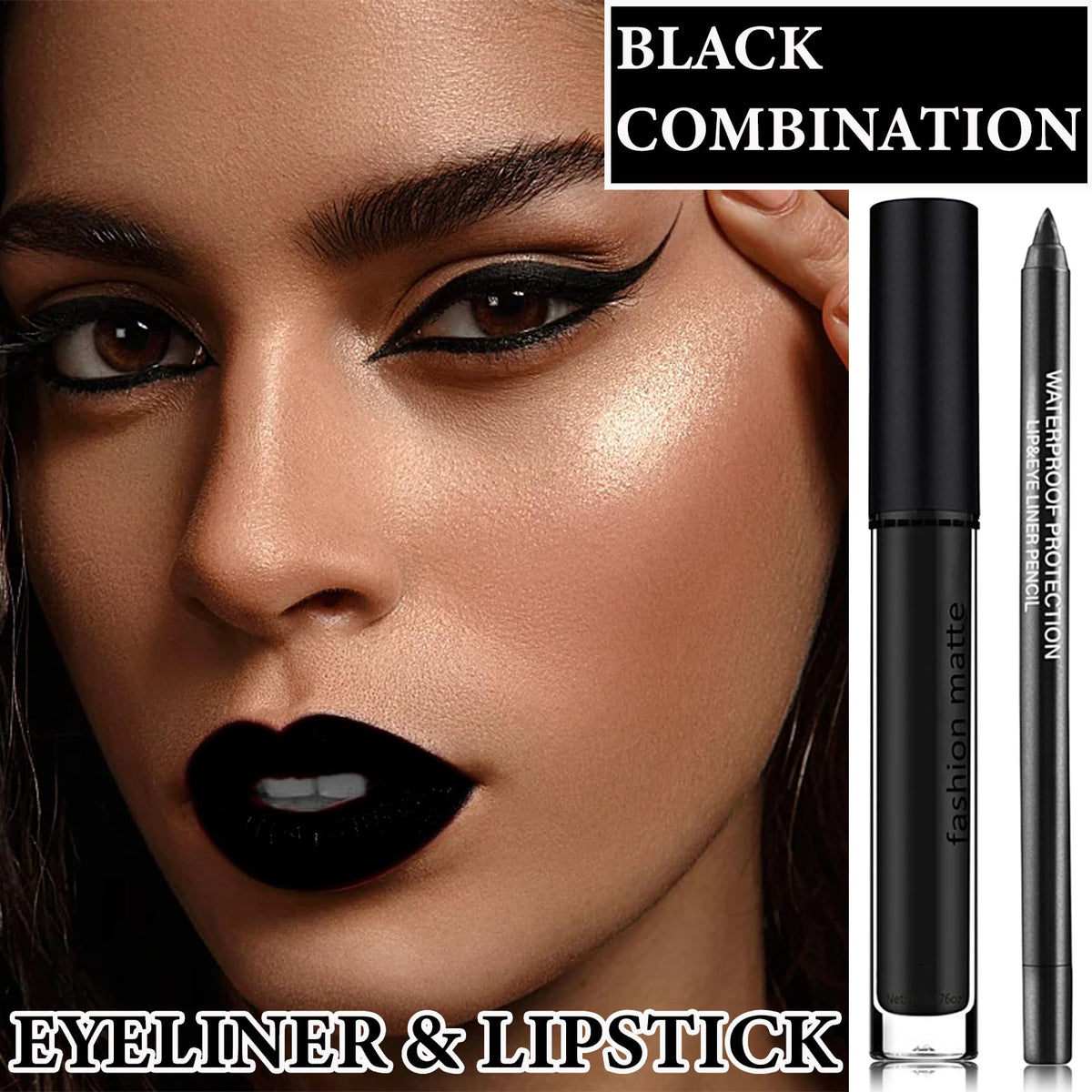BKPPLZP 2Pcs Black Lip Liner and Lipstick Set,Matte Black Liquid Lipstick Smudge Proof Non-Stick Cup Long Wear Waterproof Lip Gloss Liner Set,High Beauty & Personal Care BKPPLZP