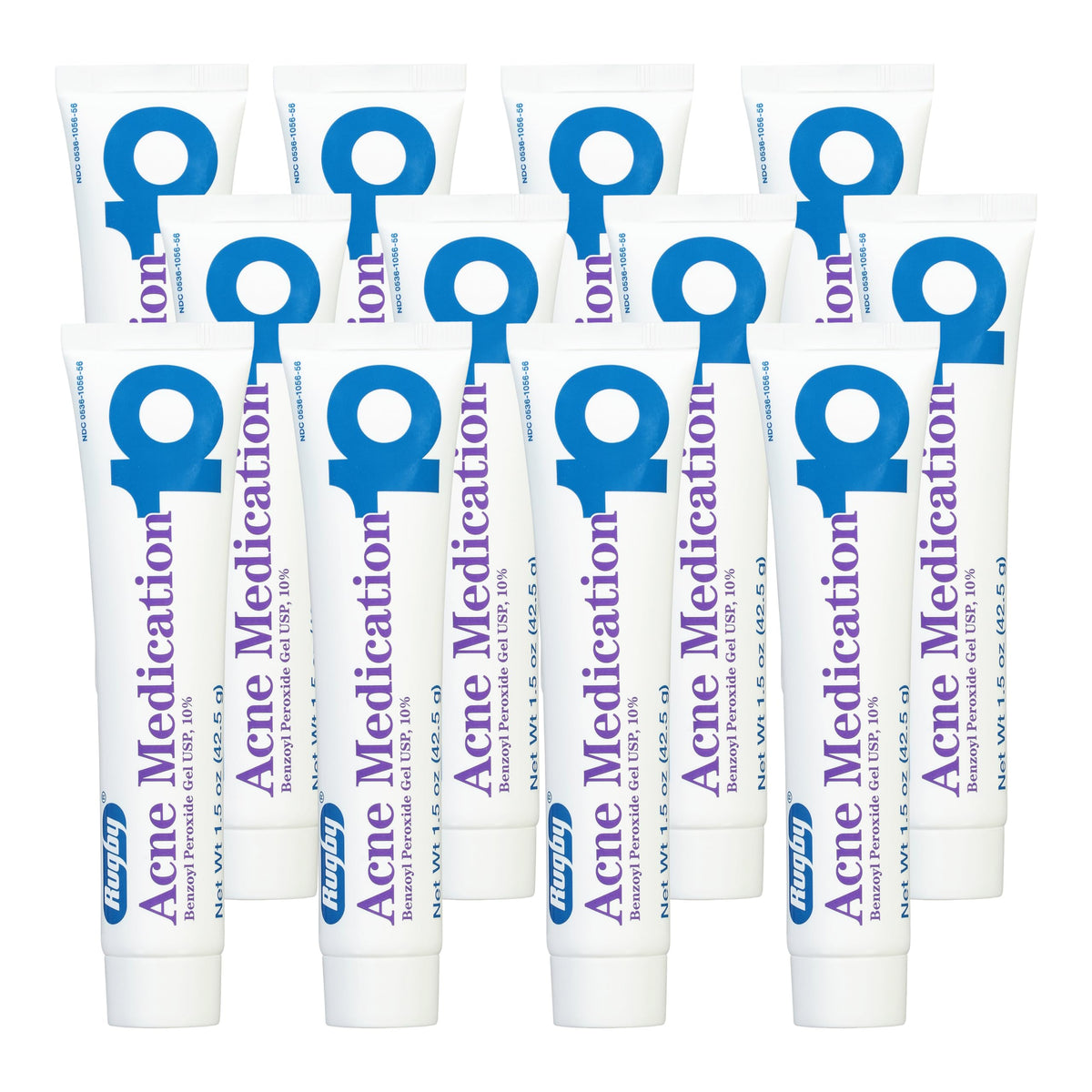 Rugby Acne Medication Benzoyl Peroxide Gel USP, 10% - Clear Up Acne Pimples - Greaseless, Vanishing Formula - 1.5 Oz (42.5g) - 12 Pack