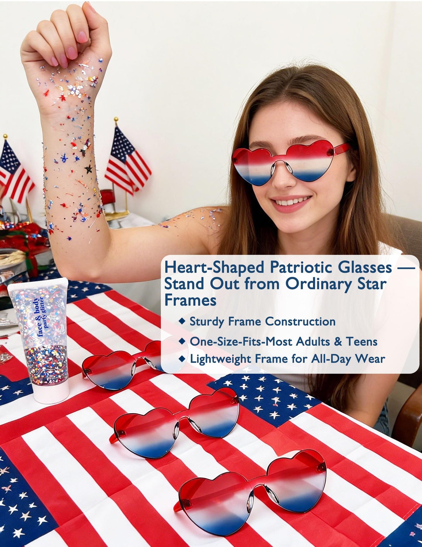 4th of July Accessories Set, 25Pcs Patriotic Outfit Kit with Star Glasses, Beaded Necklaces, Bracelets, Red White Blue Face Glitter Gel, Temporary Beauty & Personal Care QVAIVE