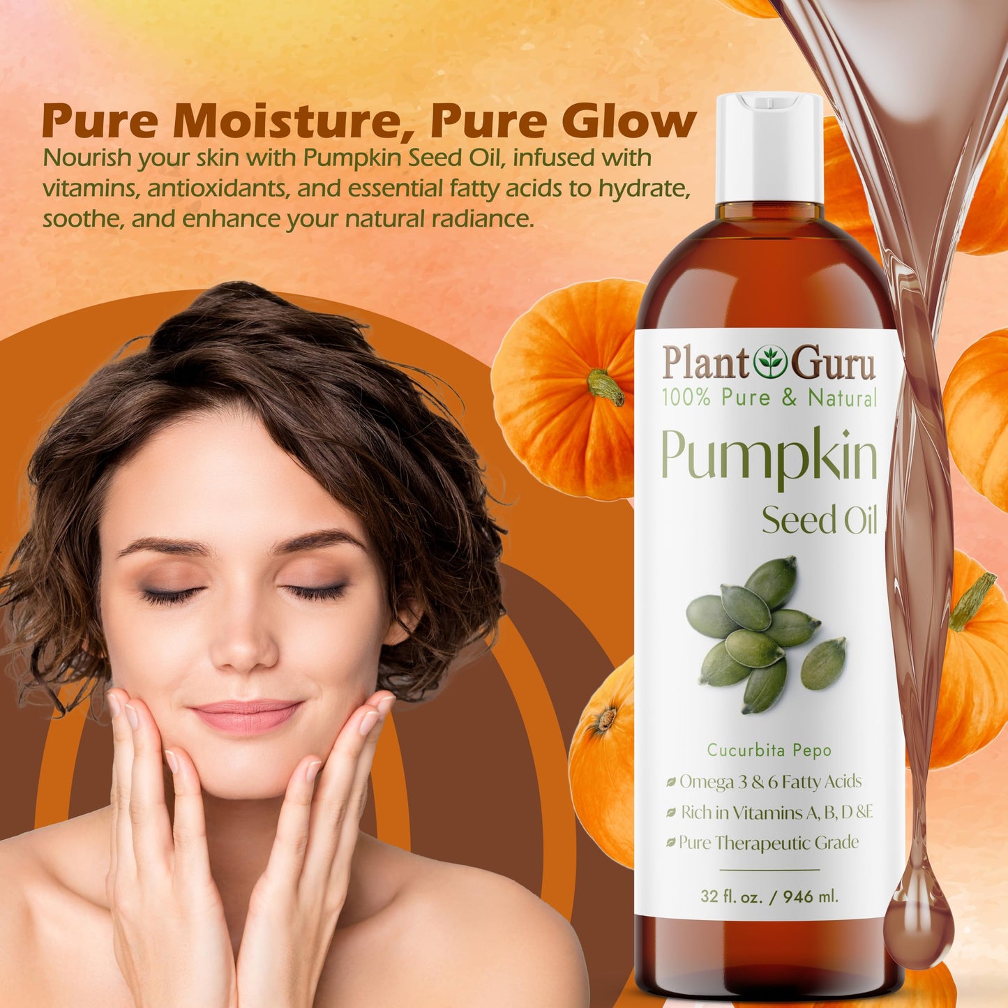 Plant Guru Pumpkin Seed Oil 16 oz. Virgin, Unrefined Cold Pressed 100% Pure Natural - Ideal for Skin, Face, Body, and Hair Moisturizer. Great for DIY Beauty & Personal Care Plant Guru