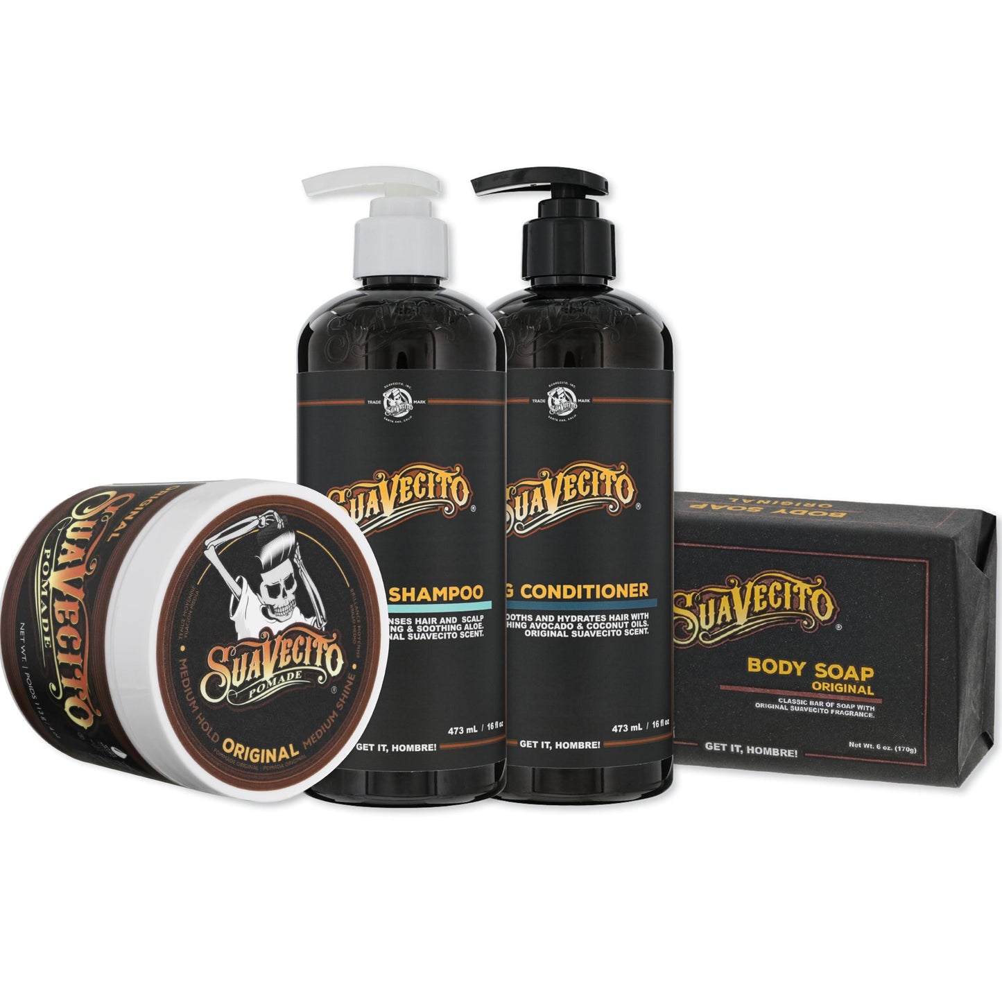 Suavecito Hair & Body Essentials Bundle: Original Hold Hair Styling Pomade, Moisturizing Body Soap, Hydrating Shampoo & Nourishing Conditioner Beauty & Personal Care Suavecito