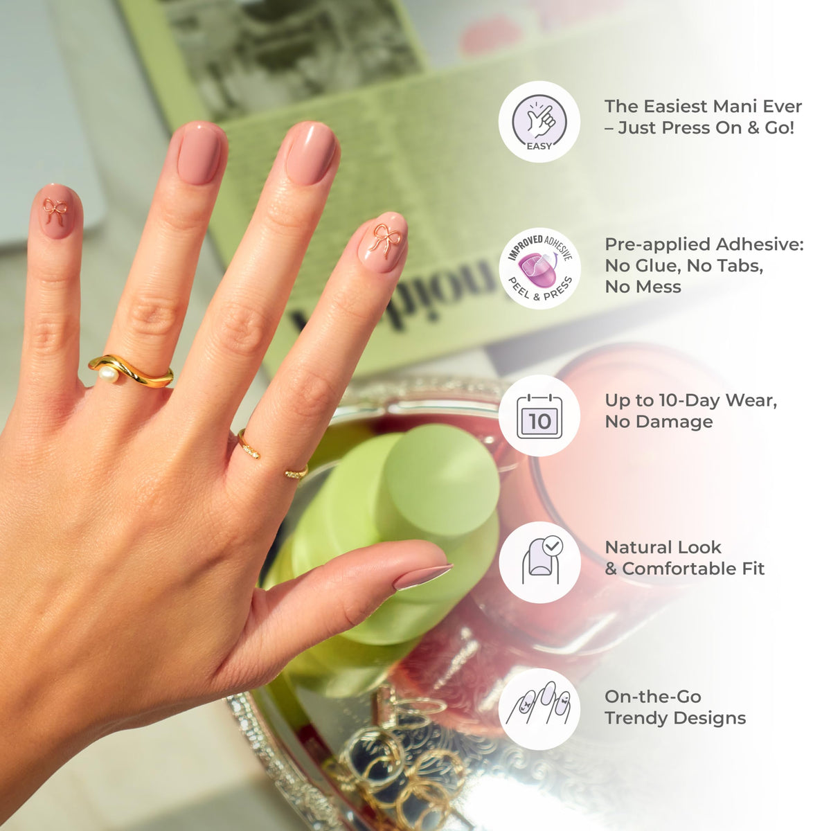 Kiss Impress No Glue Mani Press On Nails, Design, 'As It Was', Beige, Medium Size, Almond Shape, Includes 30 Nails, Prep Pad, 1 Manicure Stick, 1 Mini
