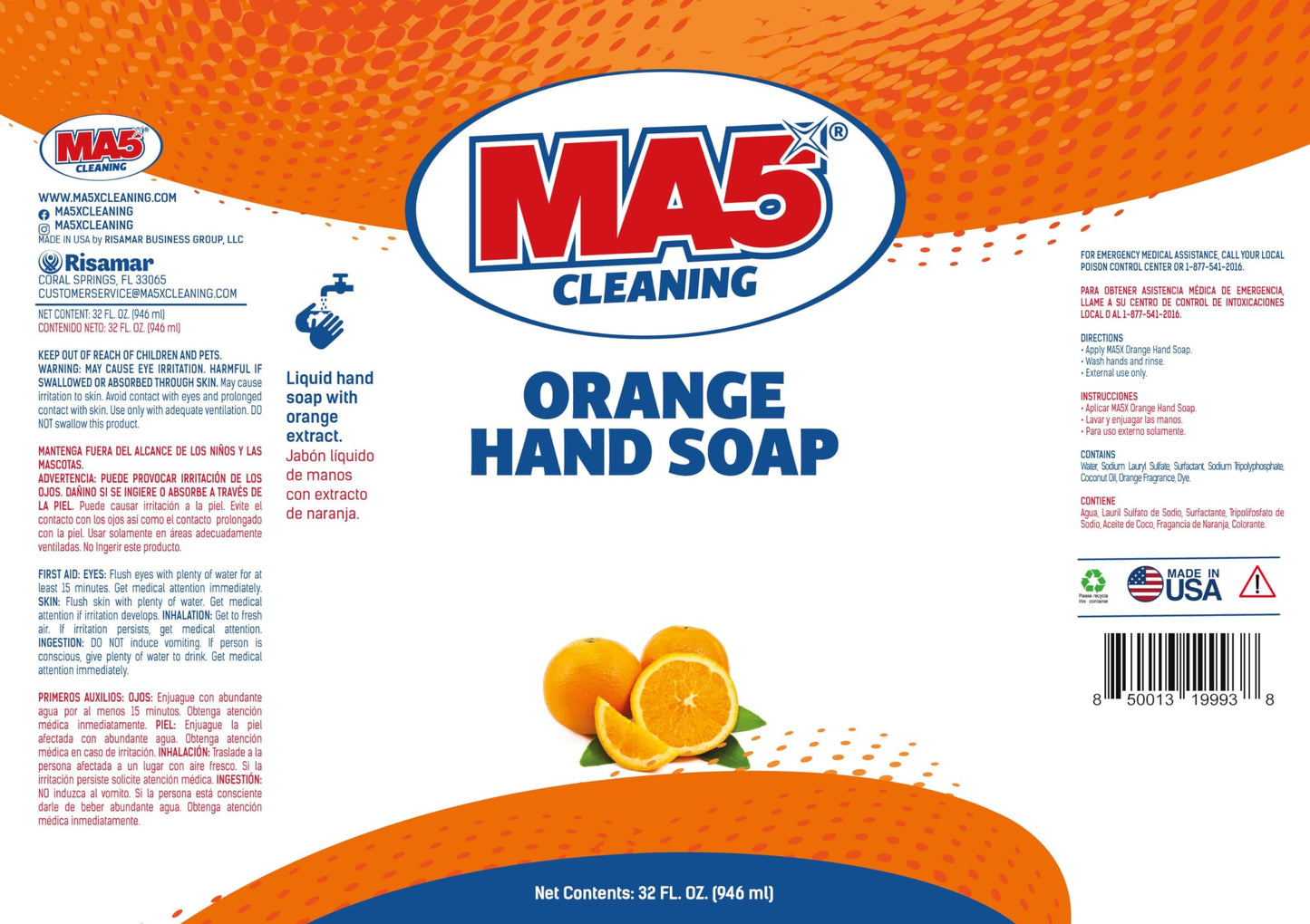 MA5x Cleaning Orange Liquid Hand Soap | General Purpose Hand Cleaner with Orange Extract | 32oz Bottle | Pack of 2 Beauty & Personal Care MA5x CLEANING SUPPLIES