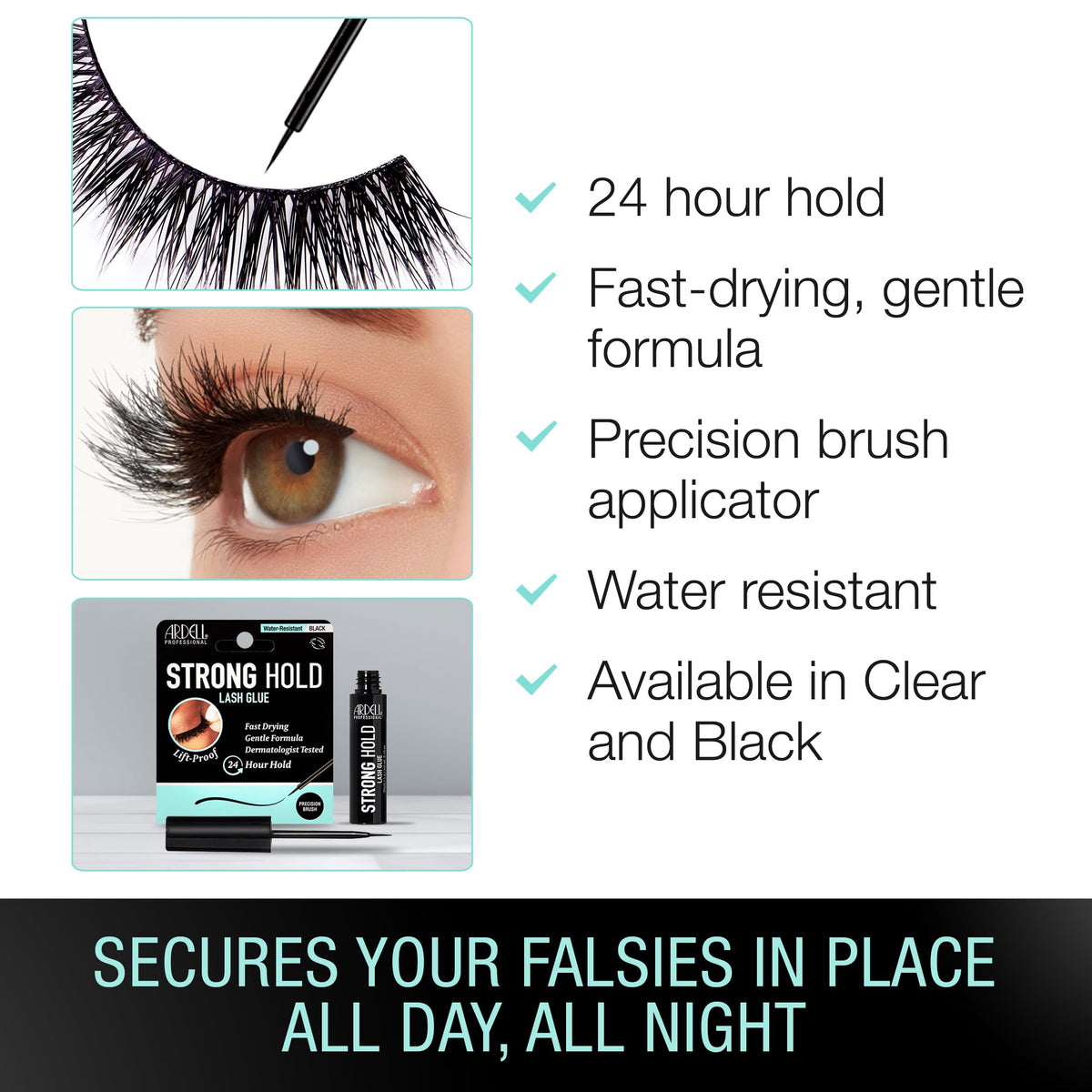 Ardell Strong Hold Lash Glue, Black - Professional Waterproof Lash Adhesive for Strip Lashes with Precision Brush, Fast-Drying 24-Hour Lift-Proof