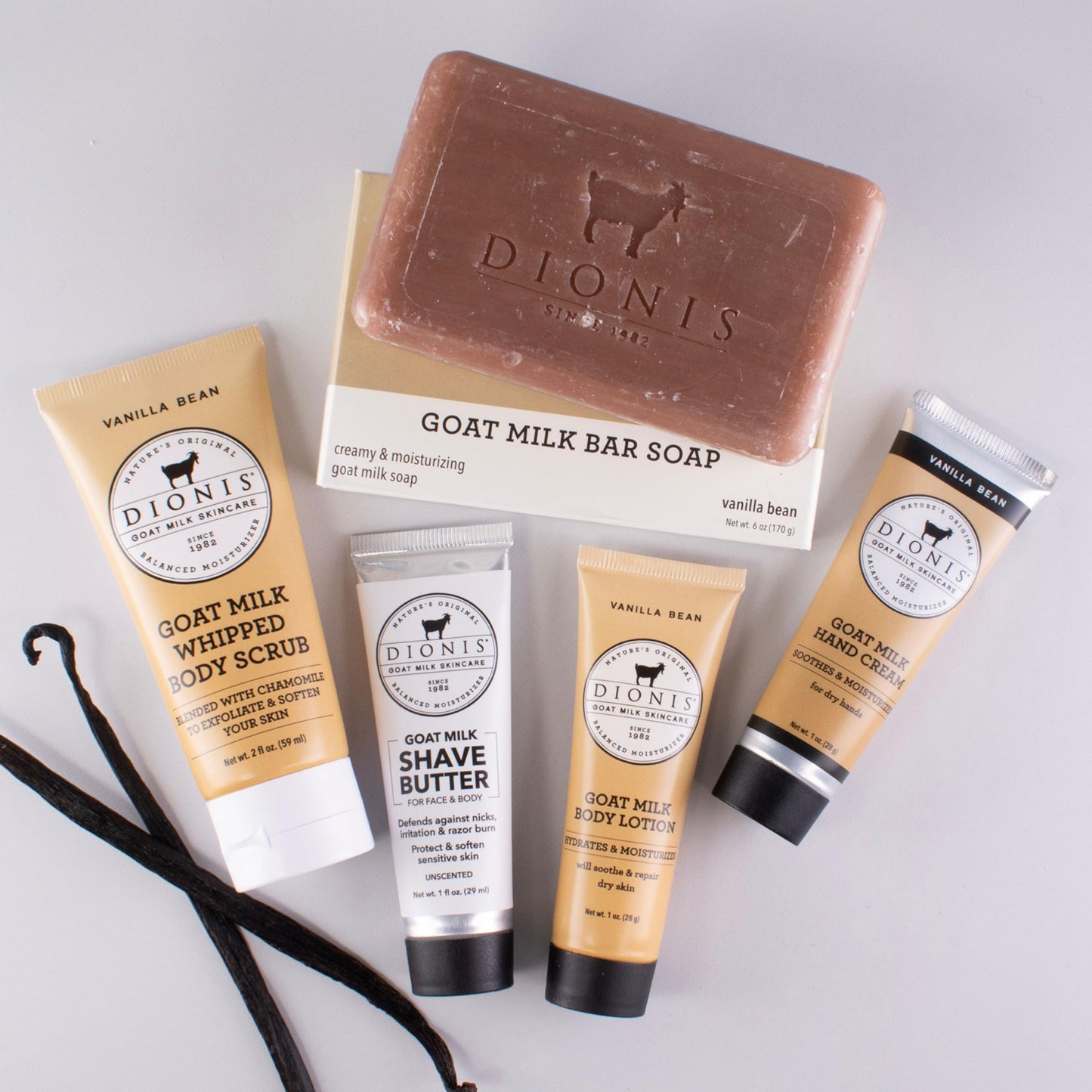 Dionis Goat Milk Vanilla Bean Hand Cream, Body Lotion, Whipped Body Scrub, Shave Butter, Bar Soap 6 oz & Carrying Case 6-Piece Travel Set Beauty & Personal Care Dionis