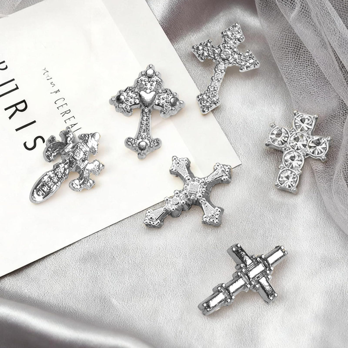3D Alloy Metal Crystal Cross Nail Charms - 60 Pcs Ideal for Women and Girls' DIY Punk Nail Art, with Rhinestones, Great for Salons & Fashion Events