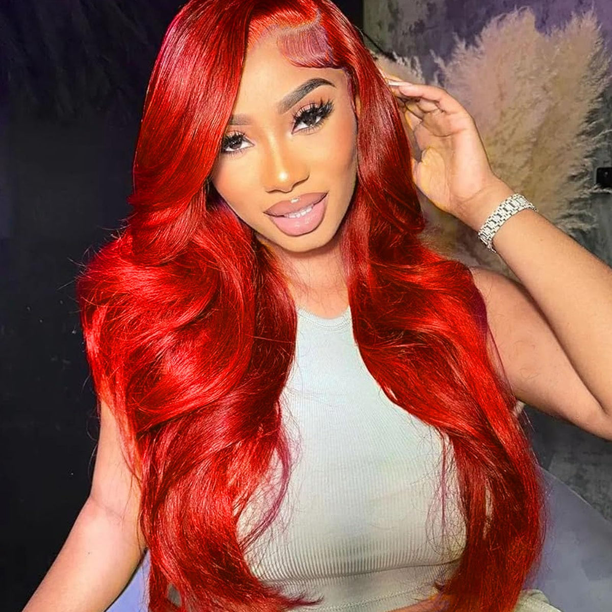 Red Wig Realistic Lace Front Cosplay Wig Hot Red Color Synthetic Cosplay Wig for Women Bright Red Lace Front Wigs with Natural Hairline Long Wavy Hair