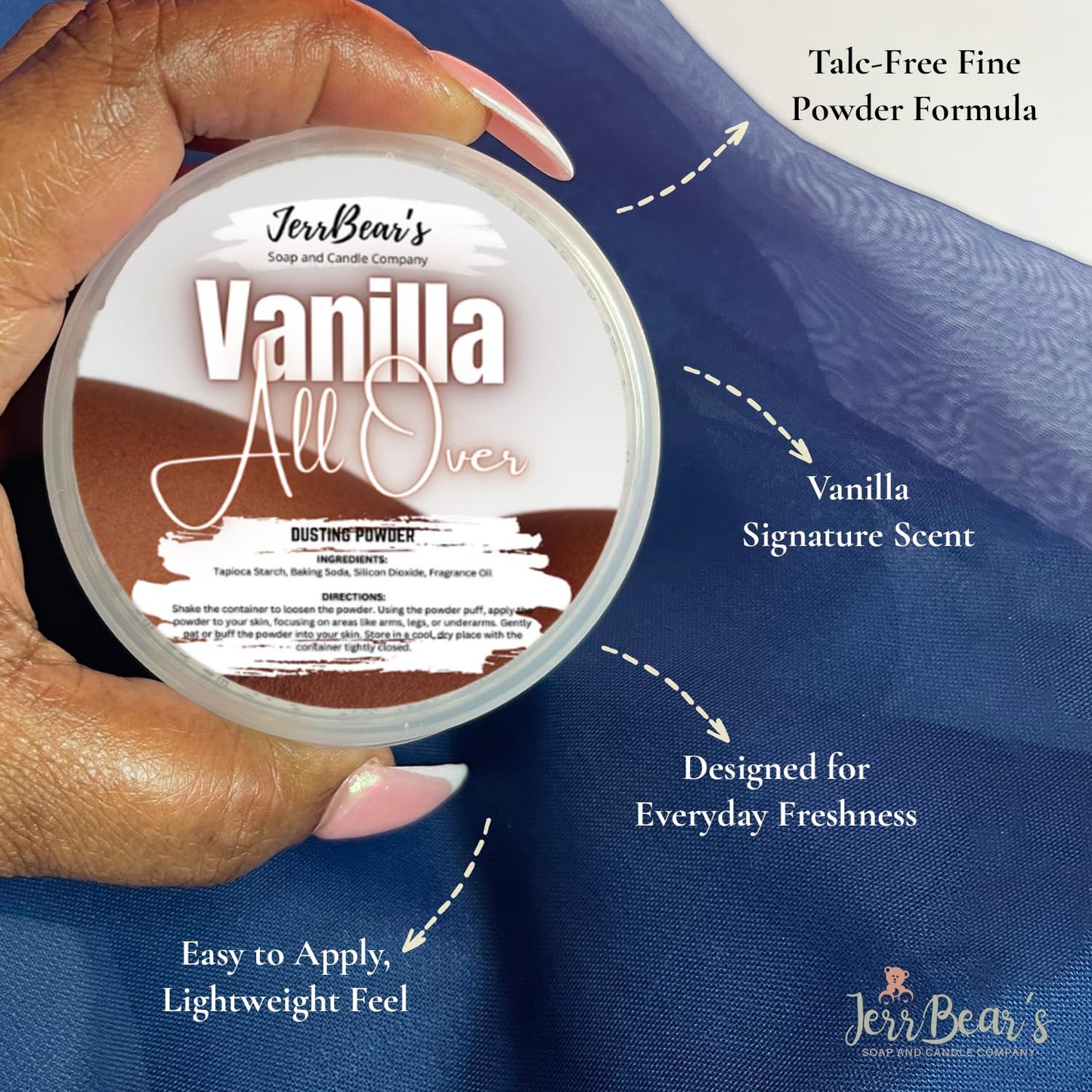 JerrBear’s Vanilla All Over Dusting Powder, Talc Free Body Formula for Women, Soft Scented Skin Care, Gentle Powder for Daily Freshness, (4oz Jar) Beauty & Personal Care JerrBear’s