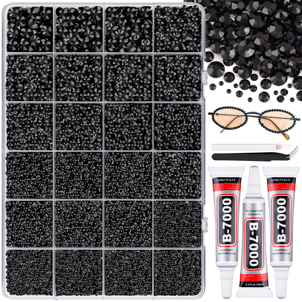 32000Pcs Resin Black Rhinestones with B7000 Jewelry Glue for Crafting, 2-6mm Non Hotfix Flatback Gems, Bedazzling Crystal for DIY Crafts Clothing