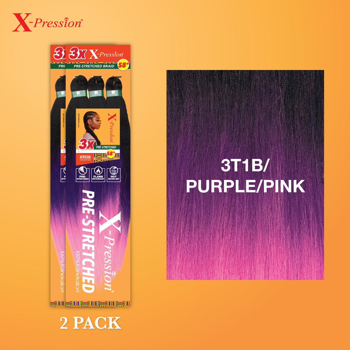 Sensationnel X-Pression Prestretched Braids-3X 58in,2pk 3T1B/PURPLE/PINK