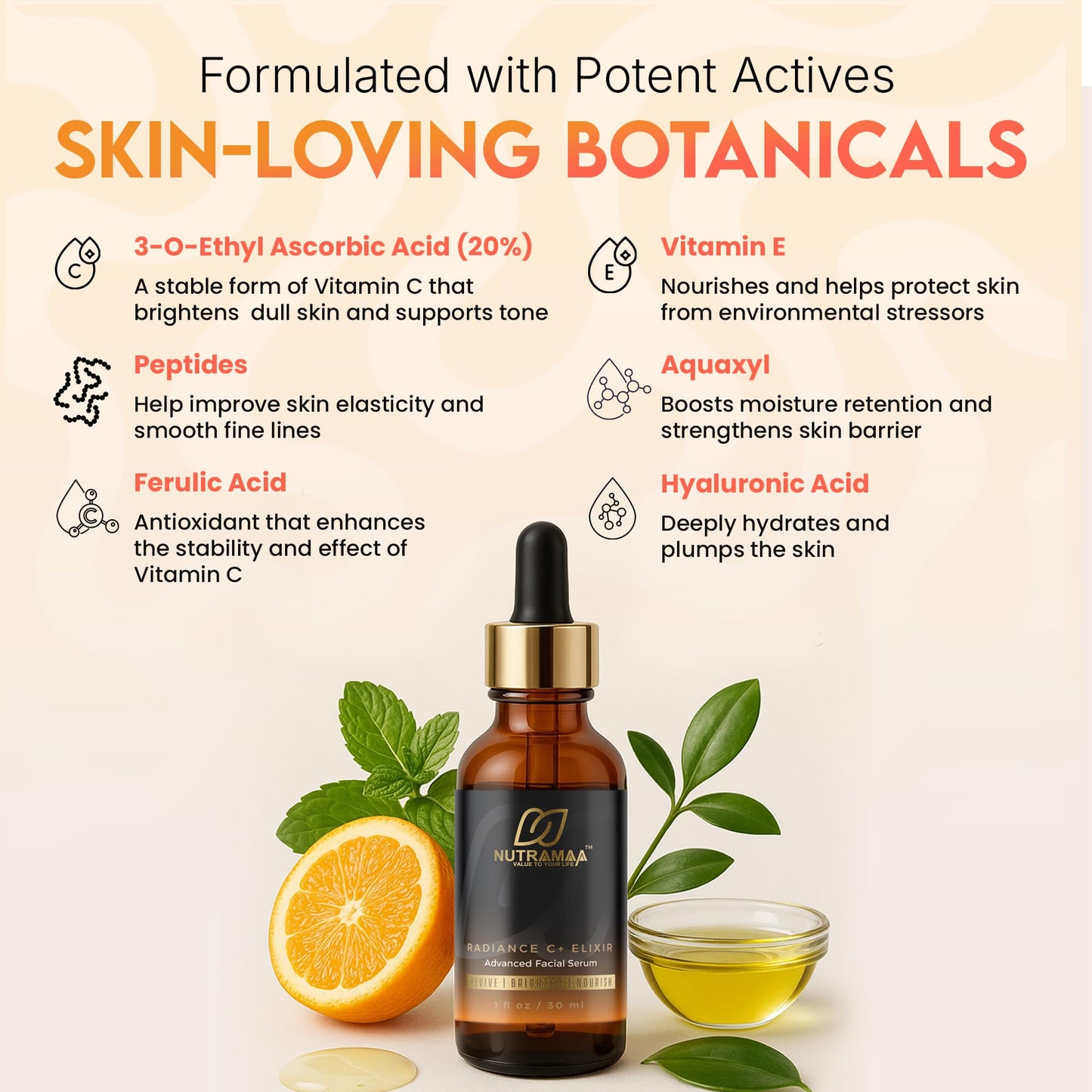 Radiance C+ Elixir 20% Vitamin C Face Serum with Hyaluronic Acid & Peptides, Ferulic Acid + Vitamin E - Brightening, Hydrating, Anti Aging Beauty & Personal Care NUTRAMAA