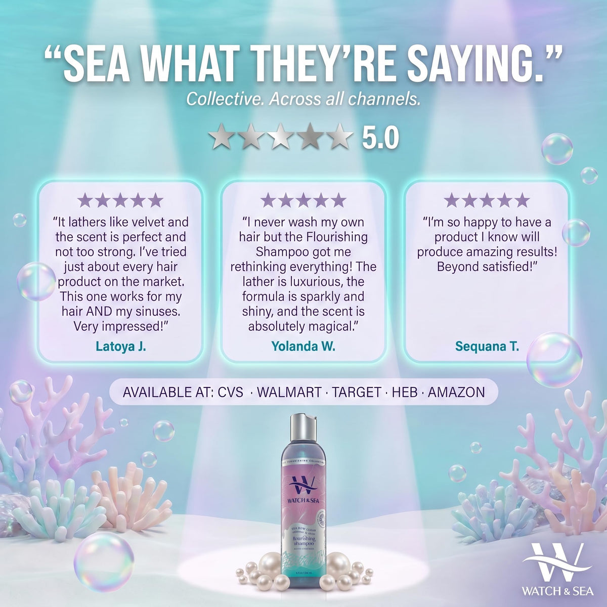 Watch & Sea Shimmer & Shine Flourishing Shampoo - “Sea How Clean” Hydrating Shampoo for Curly Hair with Seaweed and Sea Kelp - Great for Everyday Use