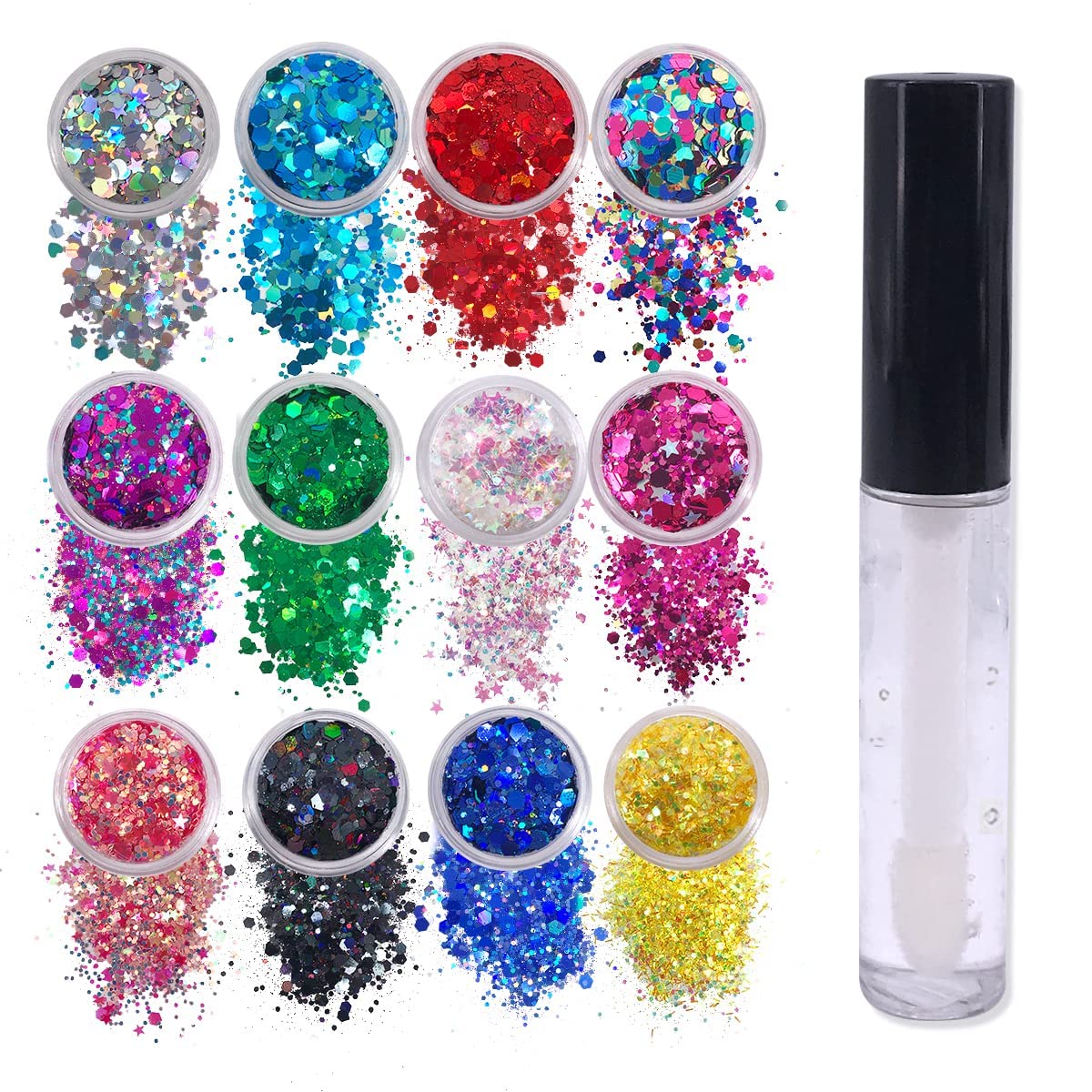 12 Pack - Multi-Colored Face & Body Glitter - Glue Included - Rainbow Chunky Glitter - Uses Include: Festival Rave Makeup Face Body Nails Resin Arts Beauty & Personal Care Electric Bliss Beauty