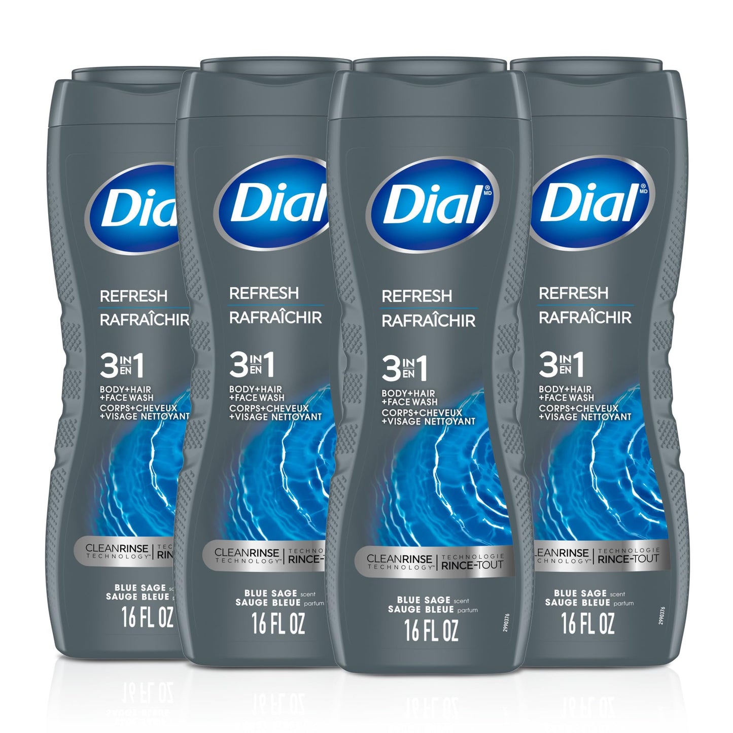 Dial Men 3 in 1 Body, Hair and Face Wash, Refresh, 16 Fl Oz (Pack of 4), Blue Sage Scent, Cleanses Deep + Gentle on Skin with Clean Rinse Technology Beauty & Personal Care Dial