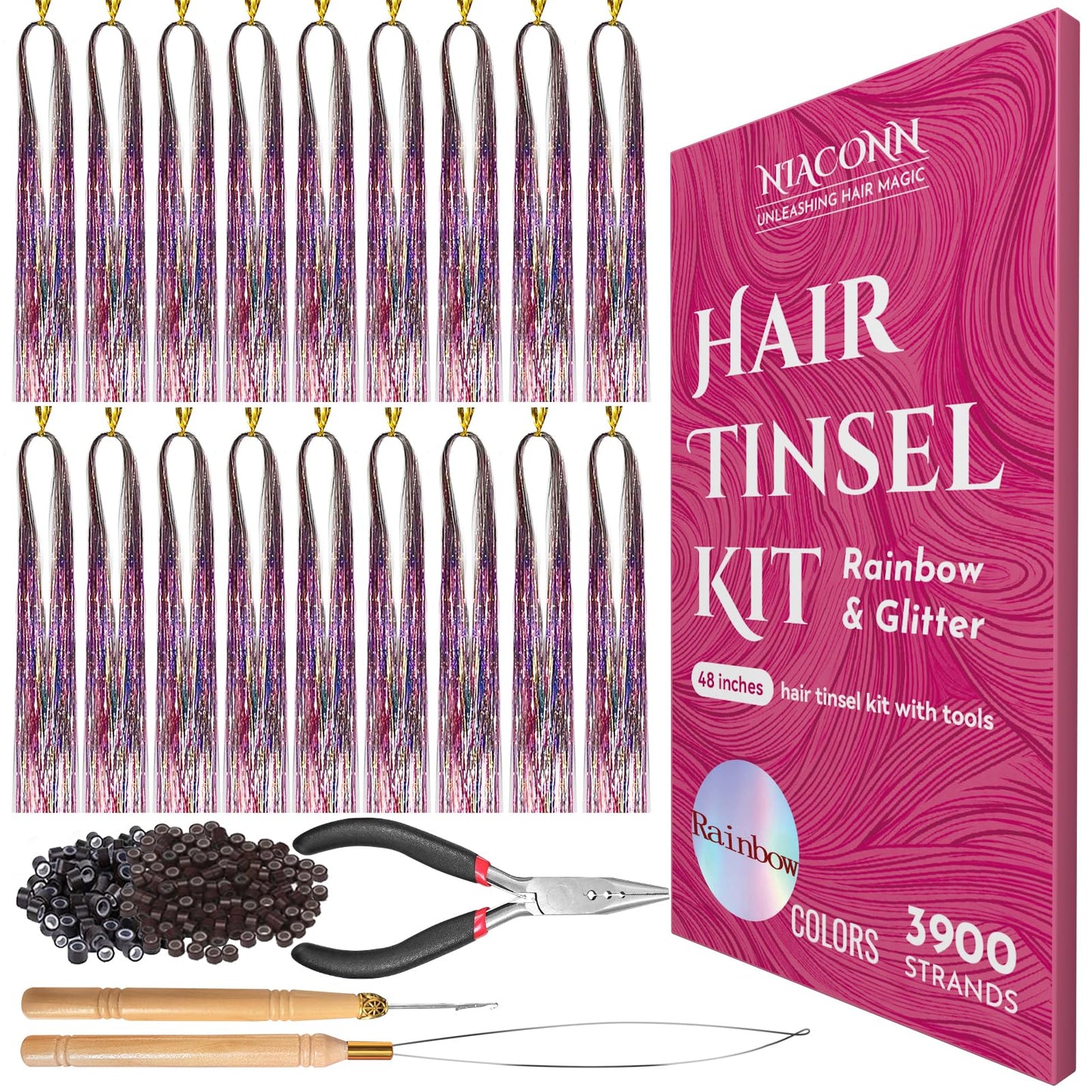 NIACONN Glitter Hair Tinsel Extensions Kit Rainbow Color with Tools and Beads, 48 Inch Sparkly Fairy Colorful Tensile Strands Shiny Hair Accessories Beauty and Personal Care NIACONN Default Title