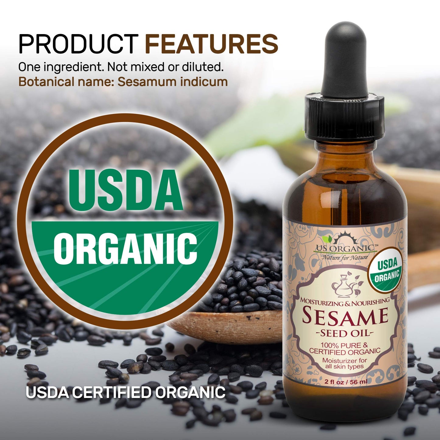 US Organic Sesame Seed Oil, USDA Certified Organic, Untoasted, Unrefined Virgin, 100% Pure & Natural, Cold Pressed, in Amber Glass Bottle w/Glass Eye Beauty & Personal Care US Organic