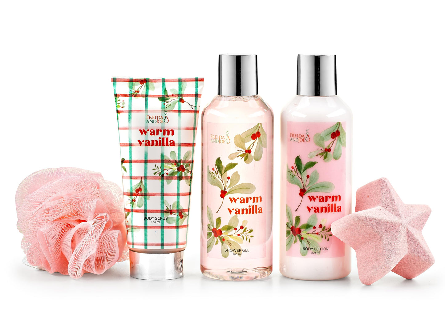 Fragrance Bath & Body Collection Gift Box, Includes Shower Gel, Body Lotion, Body Scrub, Bath Bomb & Sponge (Warm Vanilla- Pink) Beauty and Personal Care Freida and Joe