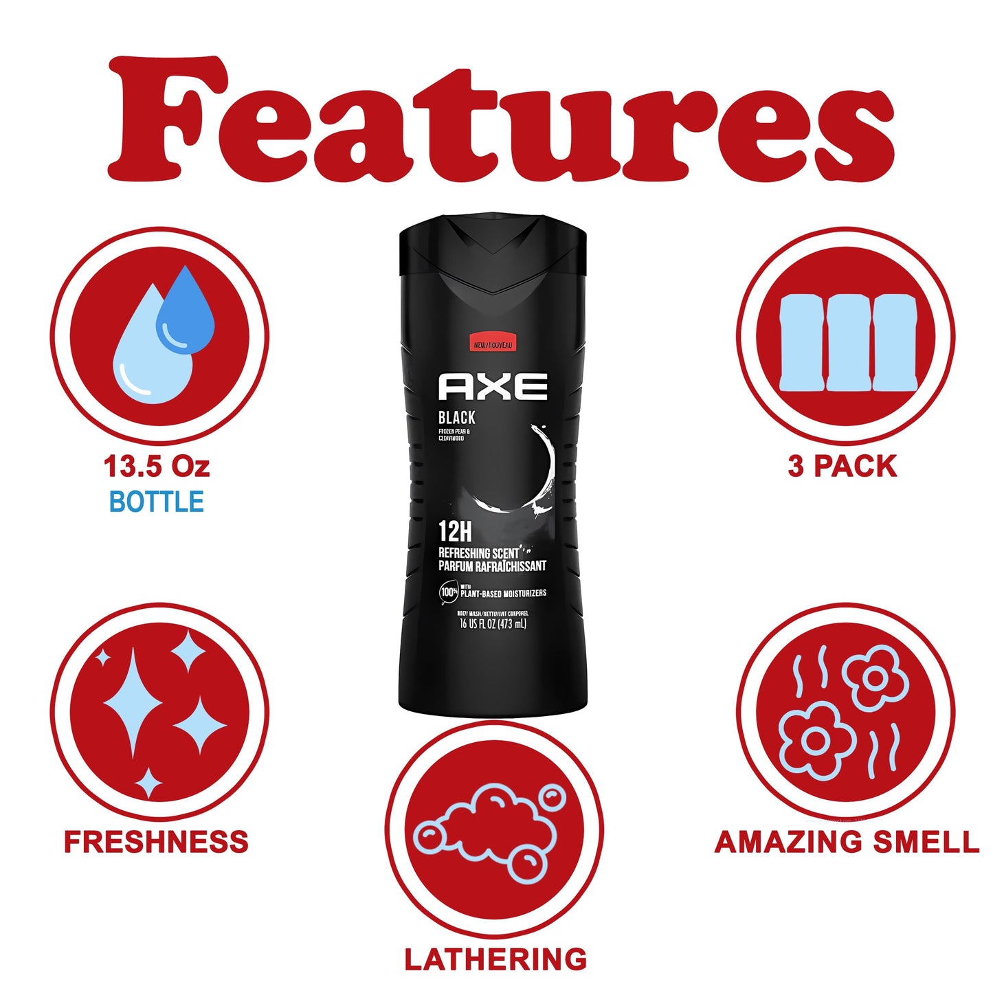 Axe Body Wash Black Frozen Pear And Cedarwood 12Hr 16 Ounce (Pack of 3) Beauty & Personal Care AXE