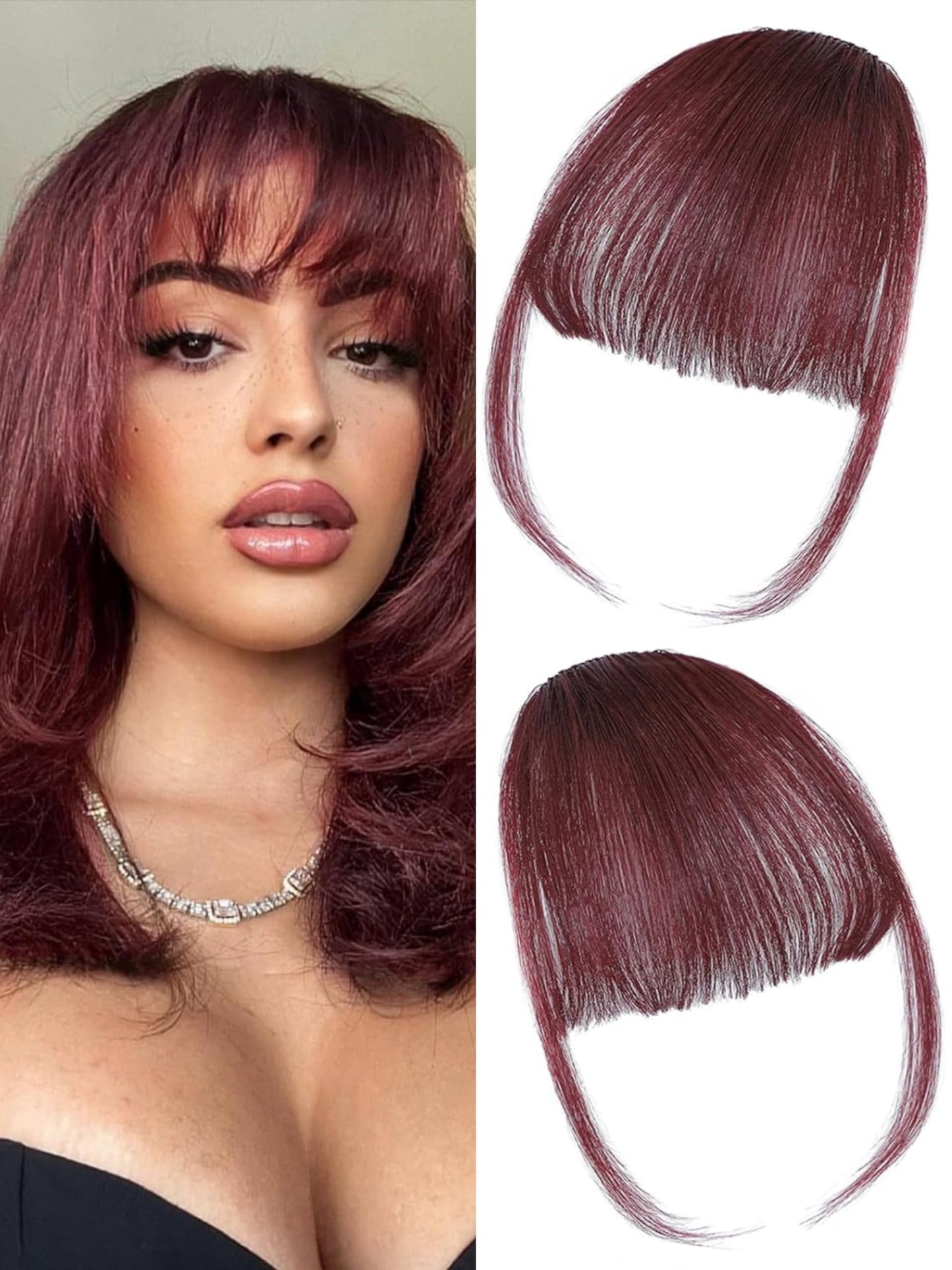 ELEFOCUS Clip in Bangs 100% Real Human Hair Extensions Wispy Burgundy Fake Bangs Hair Clip on bangs for women Fringe with Temples Hairpieces Faux Beauty and Personal Care ELEFOCUS Default Title