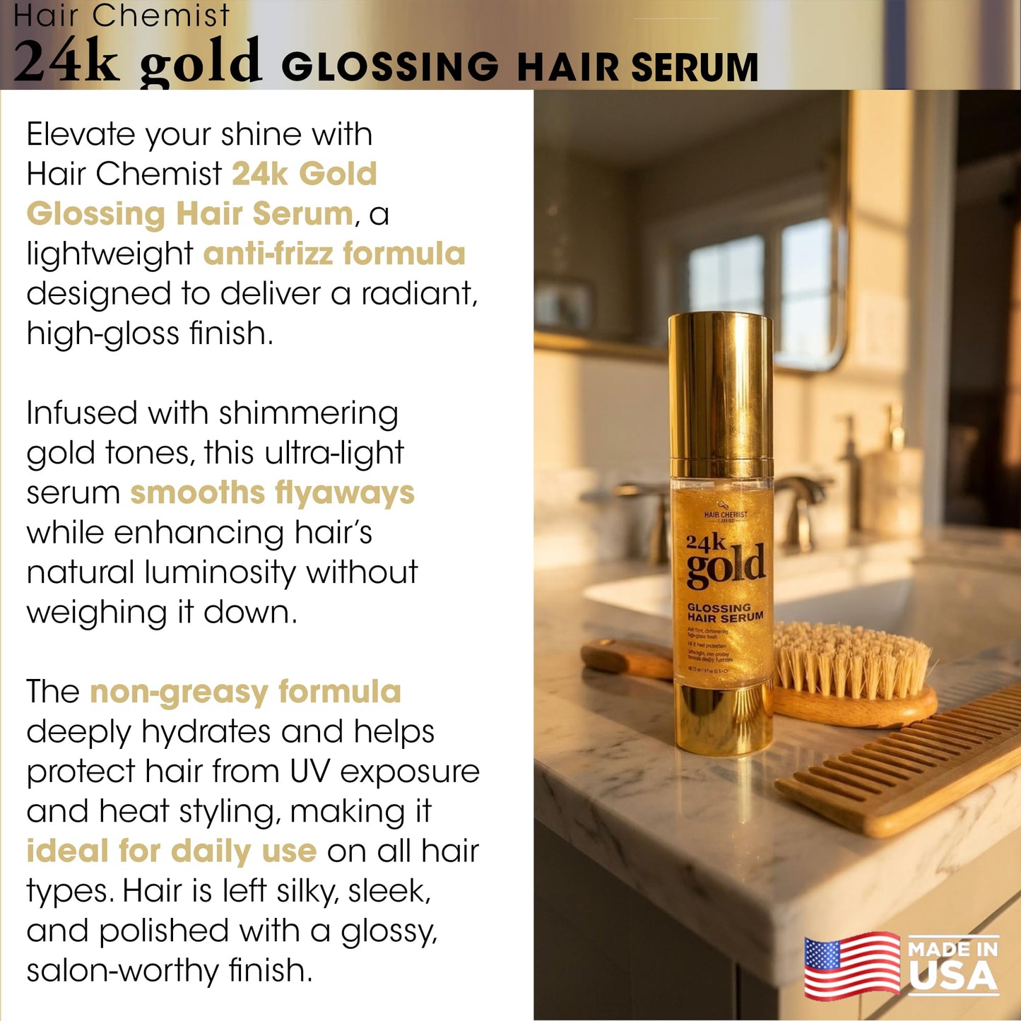 Hair Chemist 24k Gold Glossing Hair Serum 3 Ounce - Anti?Frizz High?Gloss Shine, Ultra?Light Non?Greasy Formula with UV & Heat Protection, Hydrating Beauty & Personal Care Hair Chemist