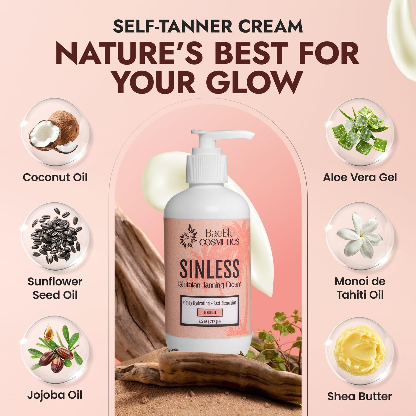 BaeBlu - Sinless Tahitian Self Tan Lotion - Sunless Tanning Lotion with Hydrating Monoi de Tahiti & Coconut Oils for Streak-Free, Golden Tan - No Beauty & Personal Care BaeBlu